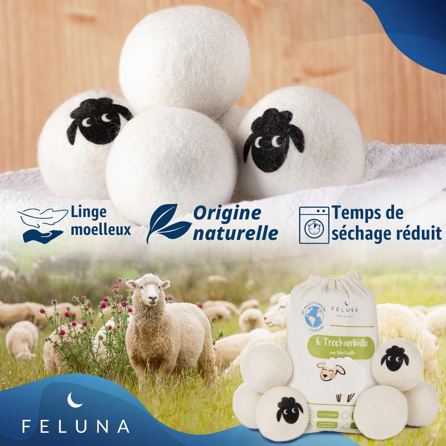 Detalle de Feluna Eco-droogballen set van 6 – 100% schapenwol, handgemaakt