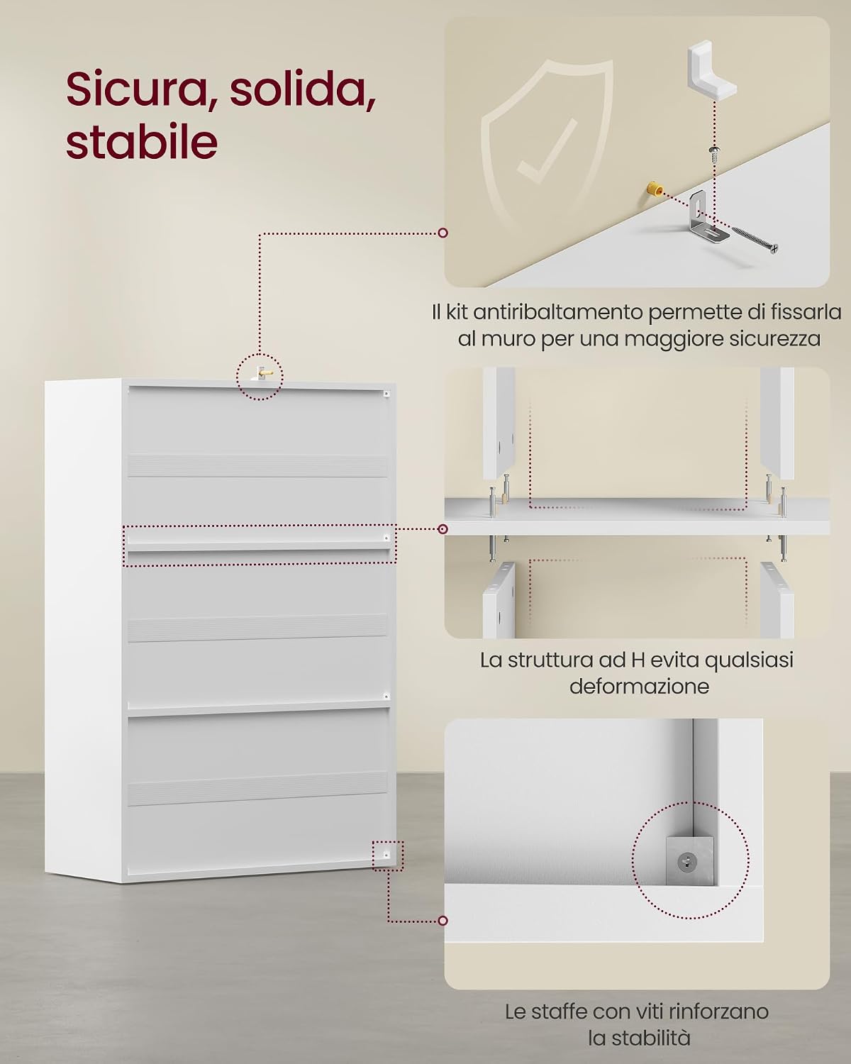 Detalle de VASAGLE Libreria LBC506WB01: Scaffale a 3 Ripiani in Bianco Nuvola con Ante, 29 x 65,8 x 97,8 cm