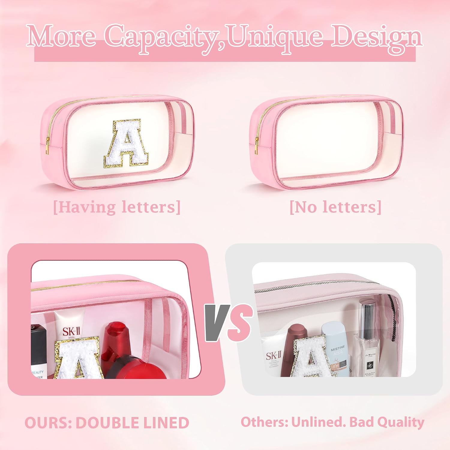 Thumbnail 1 de SEFORICO Personalised Glitter Monogram Clear Makeup Bag – 27cm x 8cm x 16cm