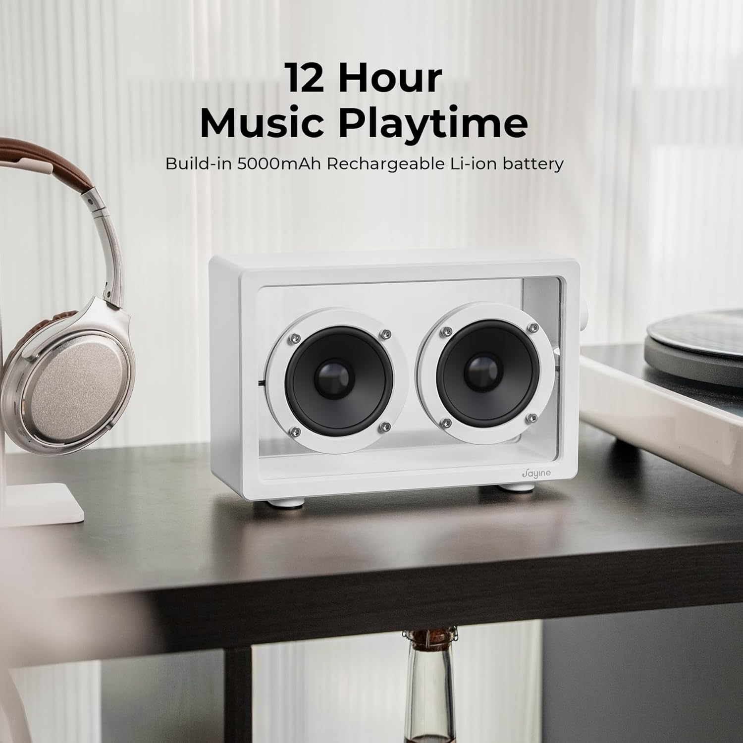 Detalle de JAYINE Tragbarer Bluetooth-Lautsprecher 16 W (Bluetooth 5.3, AUX 3,5 mm) – minimalistisch in Weiß