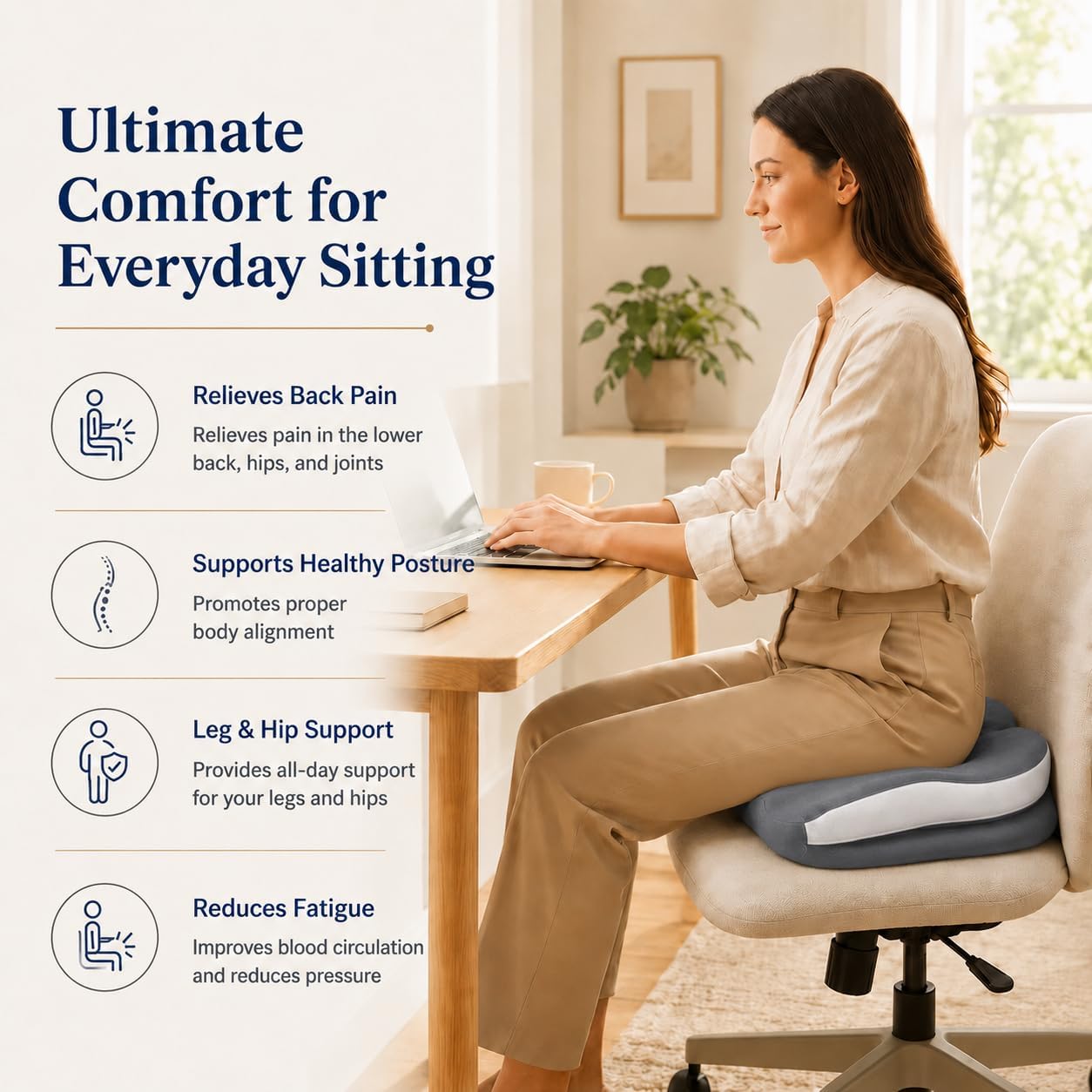 Detalle 2 de ZFUHWT Memory Foam Seat Cushion, 4.7-Inch Thick with Adjustable Straps