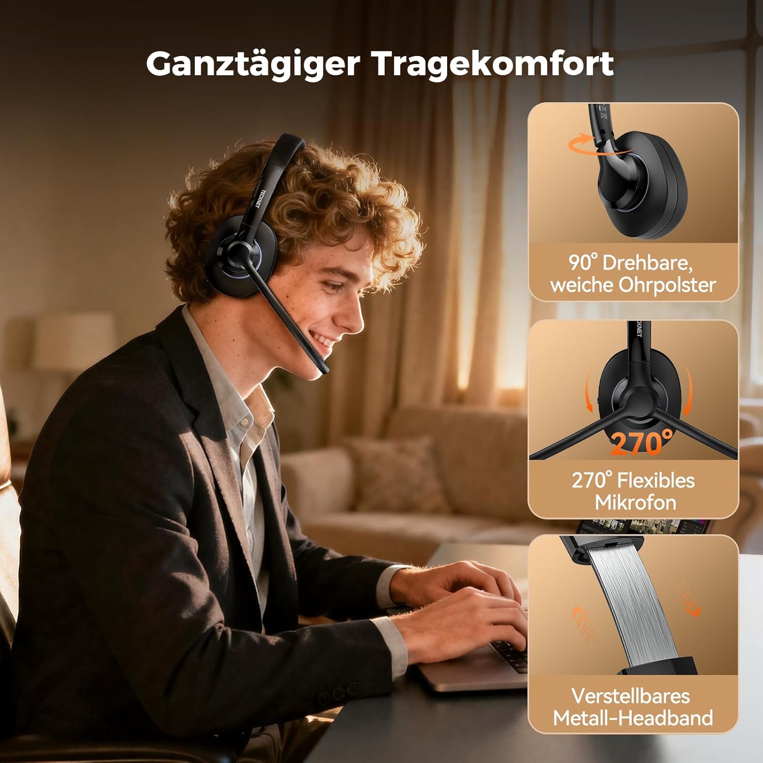 Detalle de TECKNET V6.0 Bluetooth Headset mit Mikrofon (Dual-Mode, ANC, USB-C Dongle)