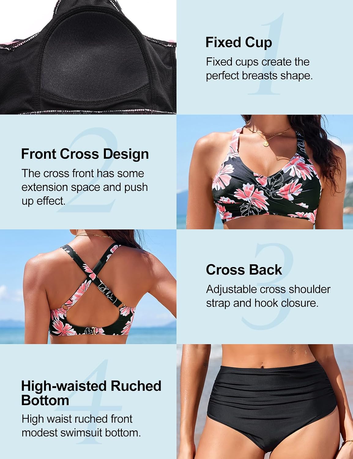 Detalle de heekpek Bikini Sets for Women: Tummy Control Two-Piece Swimsuit with V-Neck Cross Top and High-Waisted Bottoms