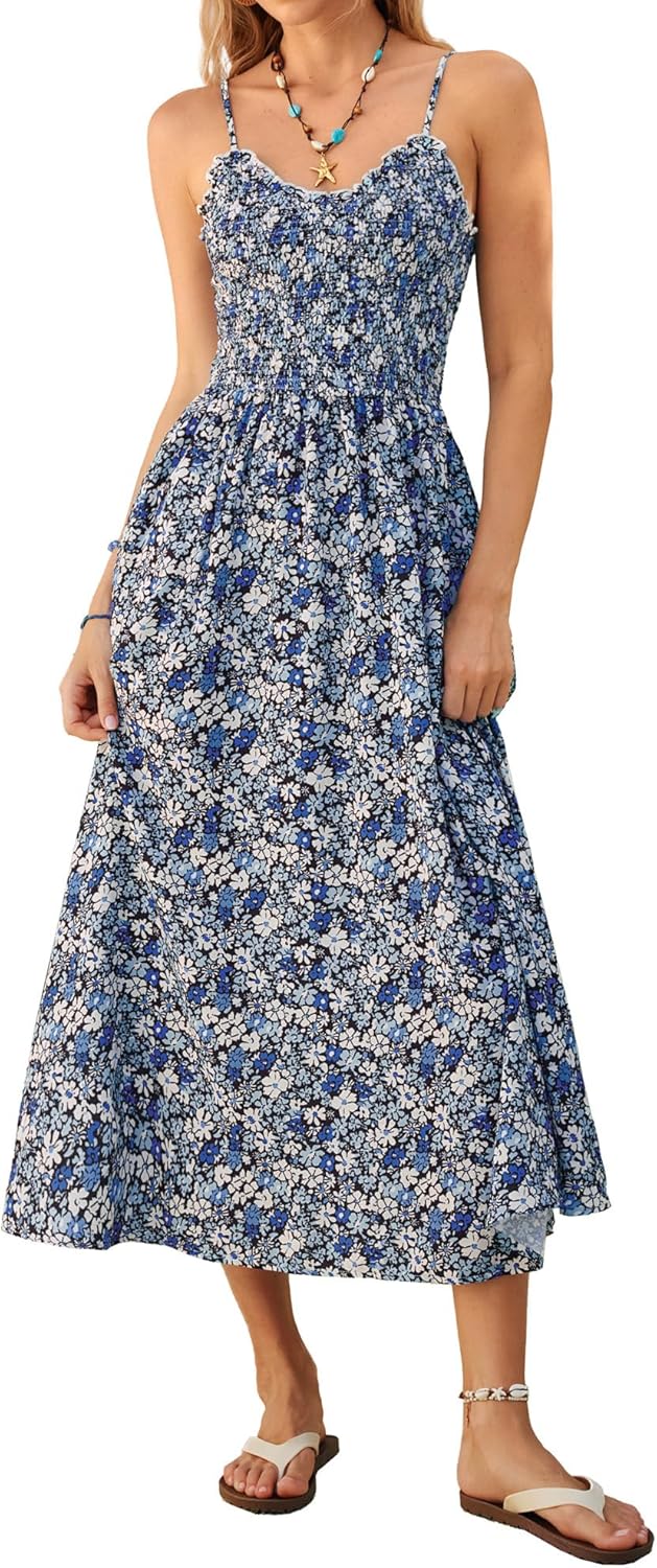 Detalle 2 de Kate Kasin Robe d'été femme - Robe maxi décontractée à col en V et bretelles spaghetti