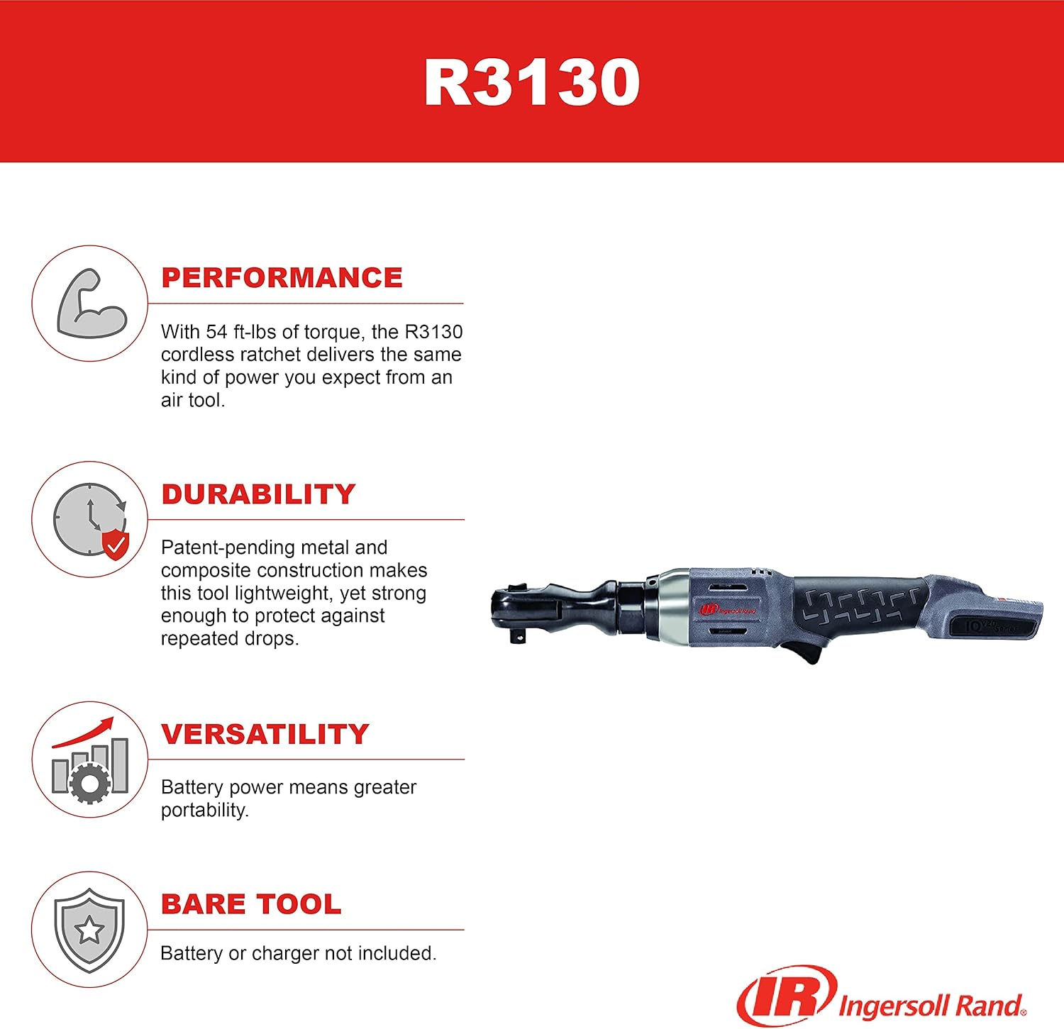 Detalle de Ingersoll-Rand R3130-3/8 20V Cordless Ratchet Spanner – A practical pick for workshop reliability