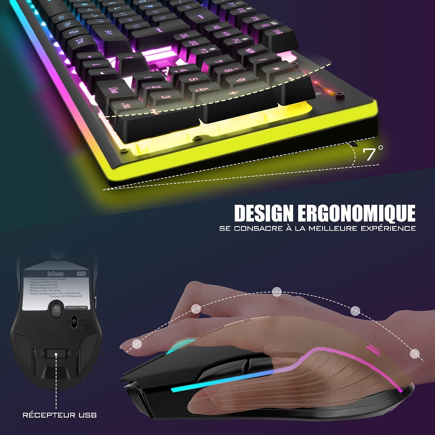 Thumbnail 4 de RedThunder K10 draadloze toetsenbord- en muisset, Frans AZERTY, RGB-verlichting