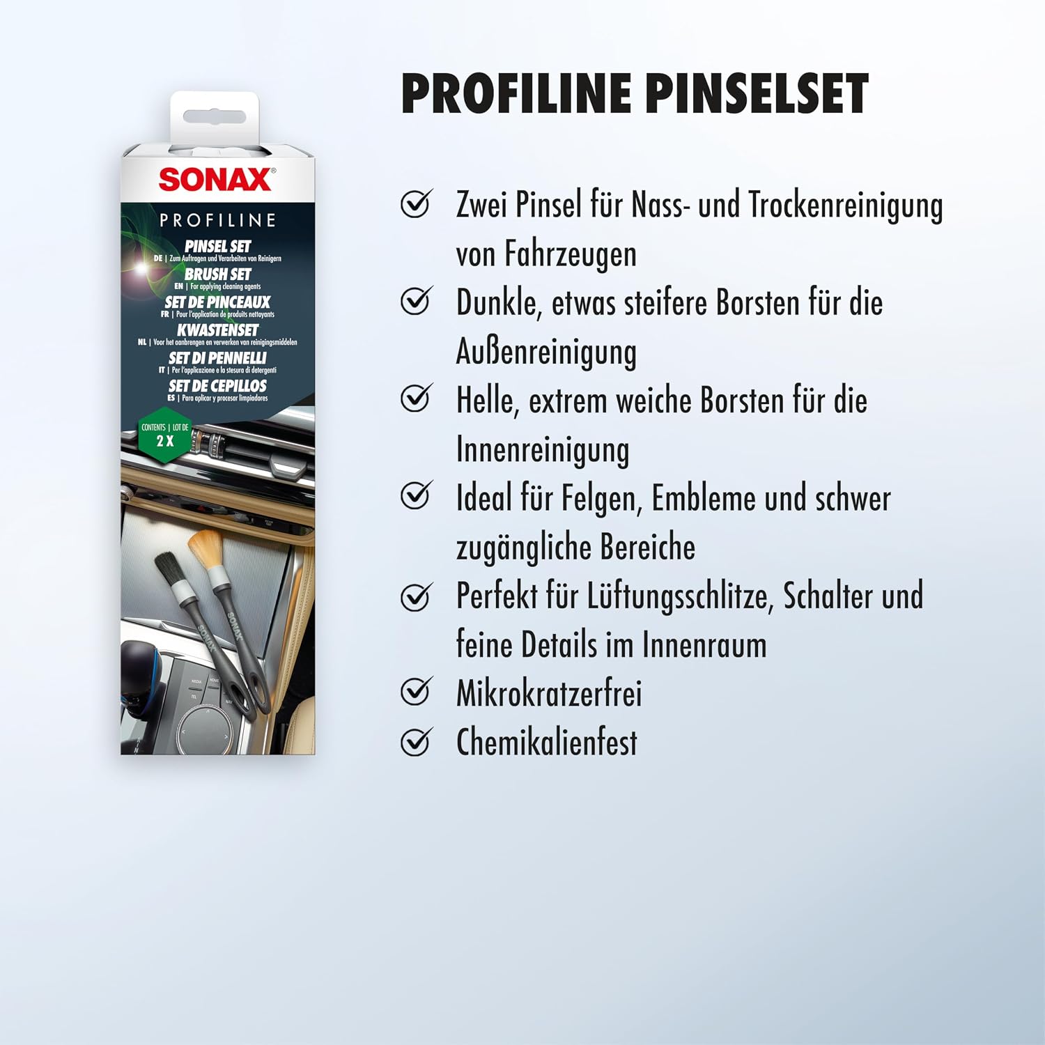 Detalle de SONAX PROFILINE PinselSet (2 Stück) für schwer zugängliche Fahrzeugbereiche