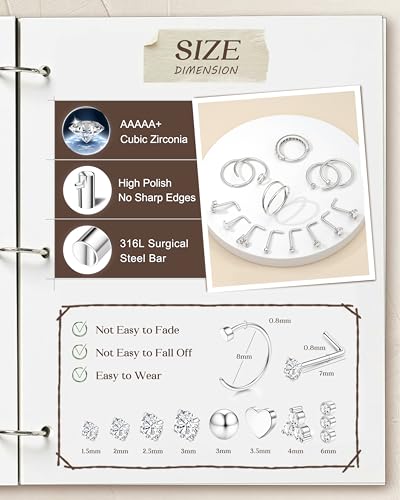 Detalle de CASSIECA 20G Silver Nose Ring Set – Hypoallergenic Surgical Steel with CZ Gemstones