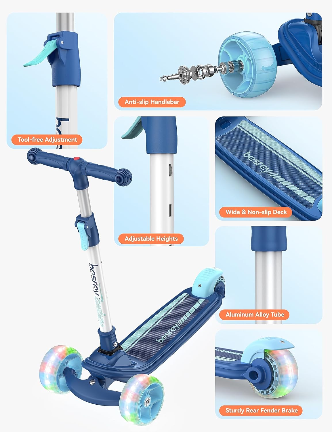 Thumbnail 2 de besrey Kinder-Scooter – Big Wheels: faltbarer Tretroller mit LED-Lichtern, 3–10 Jahre, 4-stufig verstellbar, breites Deck