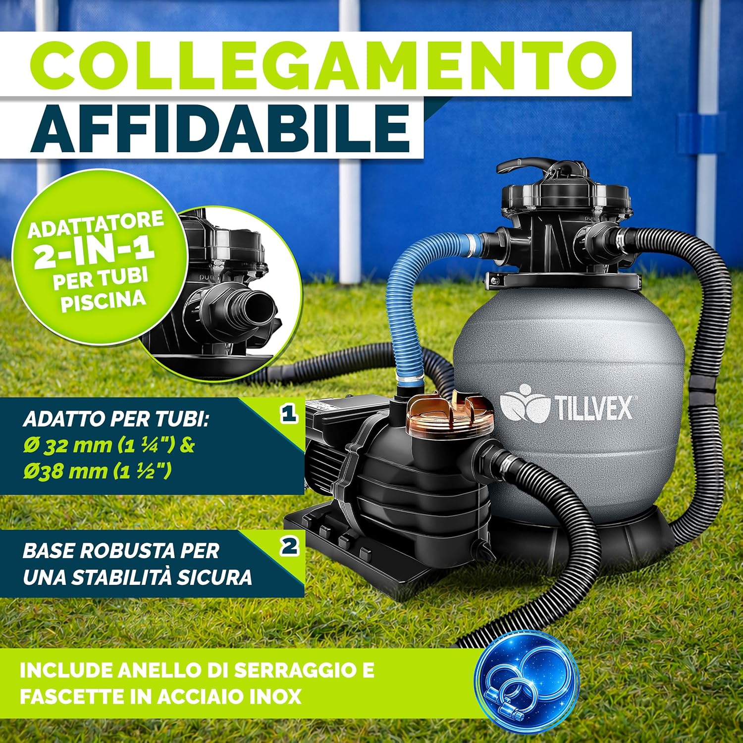Thumbnail 6 de Tillvex Impianto di filtraggio a sabbia per piscina 13.200 L/h (fino a 40.000 L) con valvola 7 vie e sfere filtranti da 1200 g