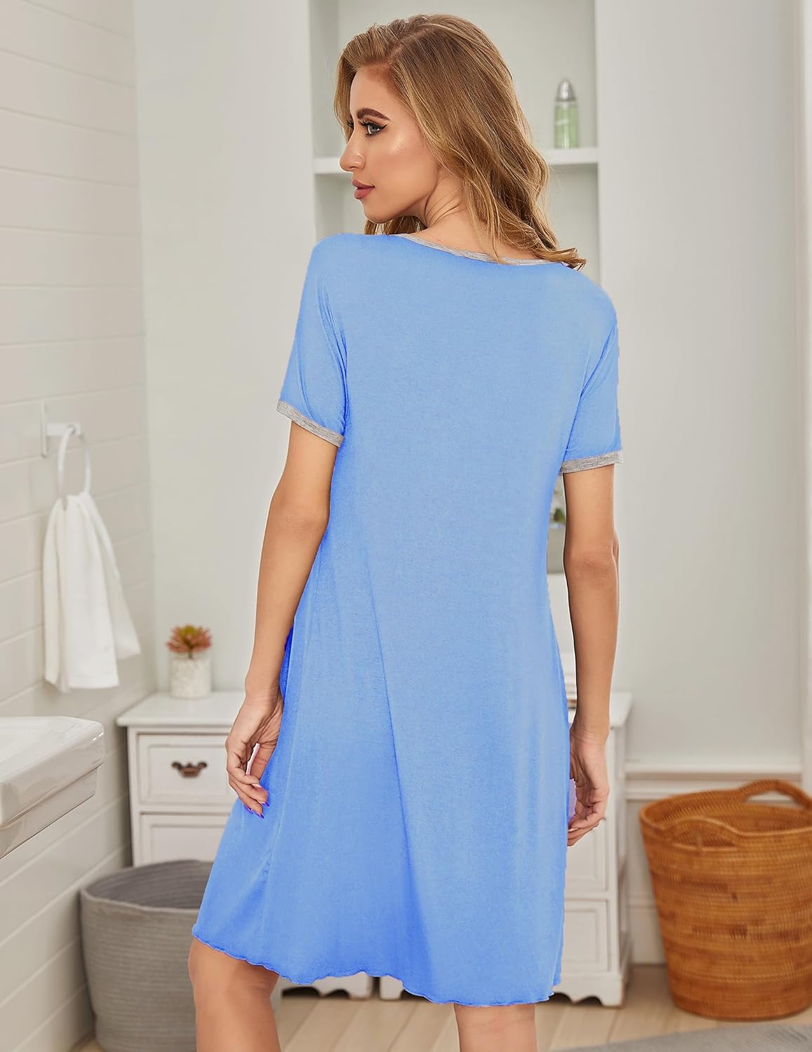 Detalle 2 de Ekouaer Women's Short-Sleeve Pleated Nightgown, 95% Polyester, 5% Spandex
