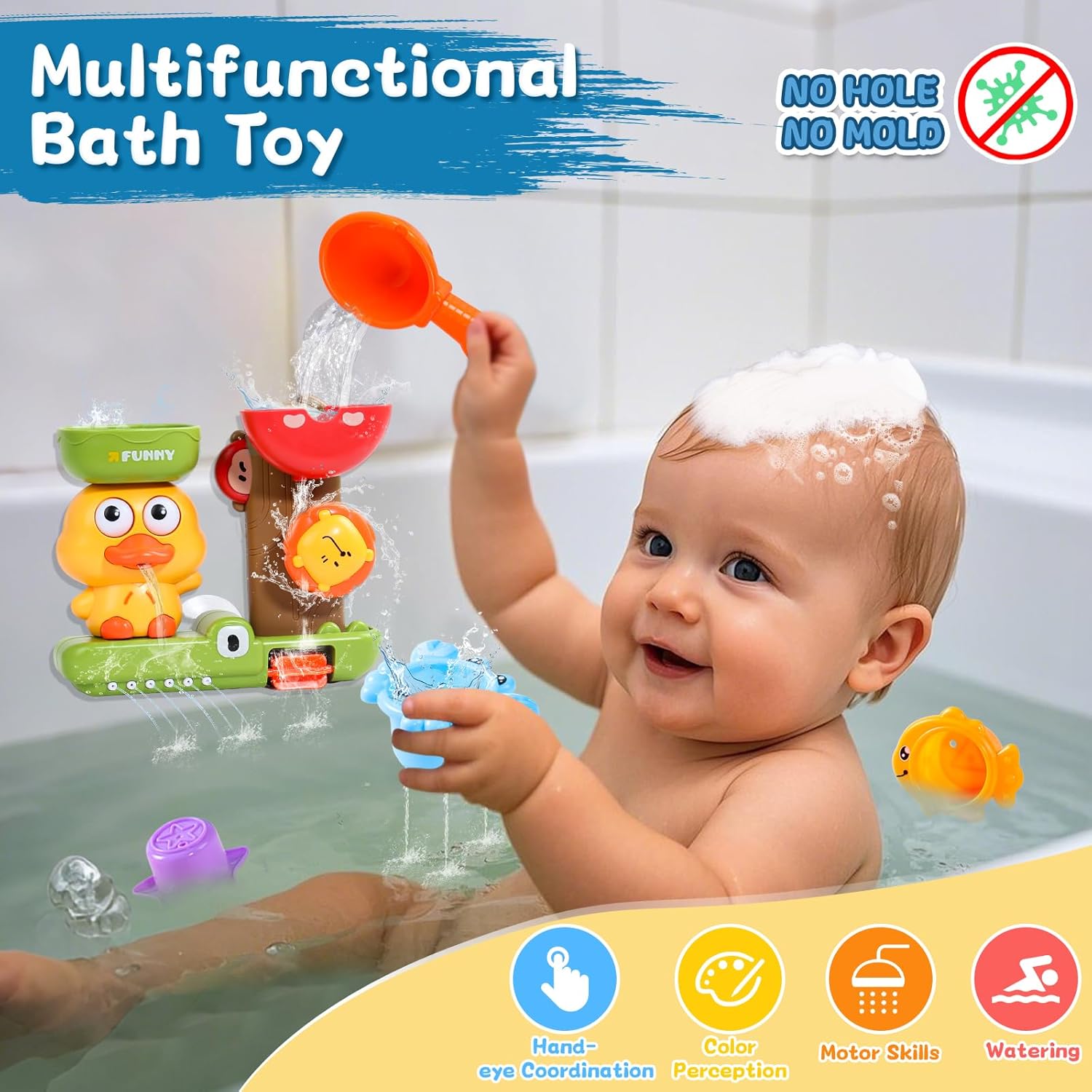 Thumbnail 1 de Bath Toys for 1 Year Old Toddler: duck waterflow toy with 3 stackable animal cups and suction cups