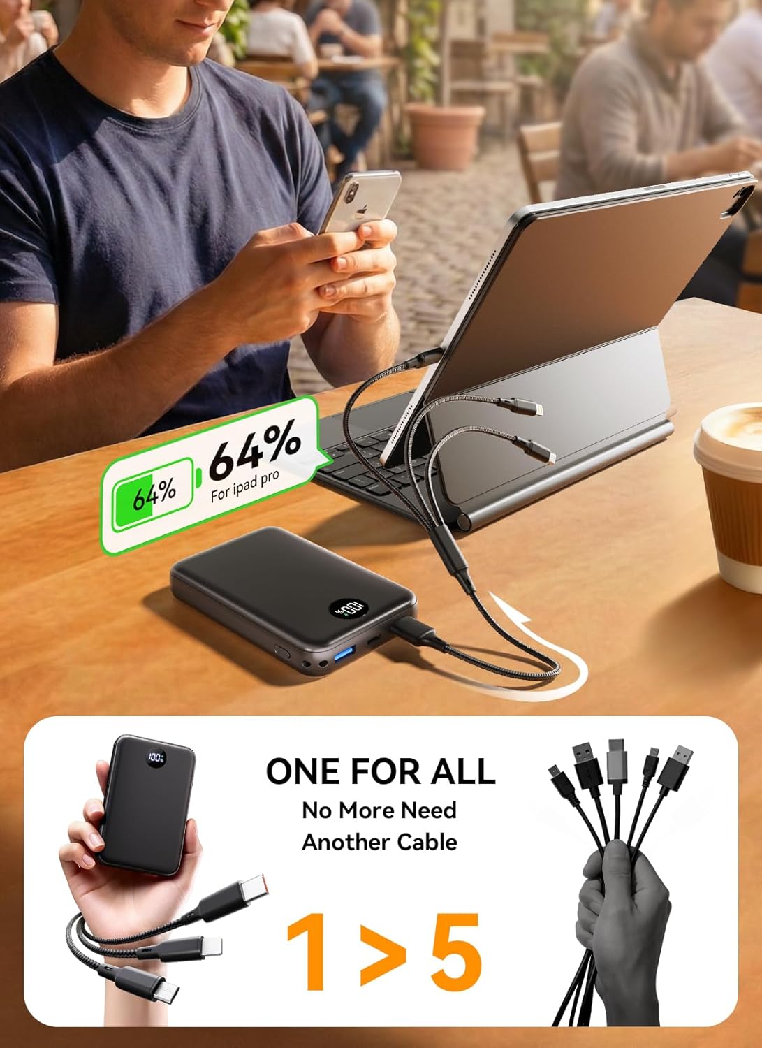 Thumbnail 5 de Power Bank Fast Charging 27000mAh with LED Display – USB-C PD 3.0 & QC 3.0, 1x USB-C + 2x USB-A, 3-in-1 Cable