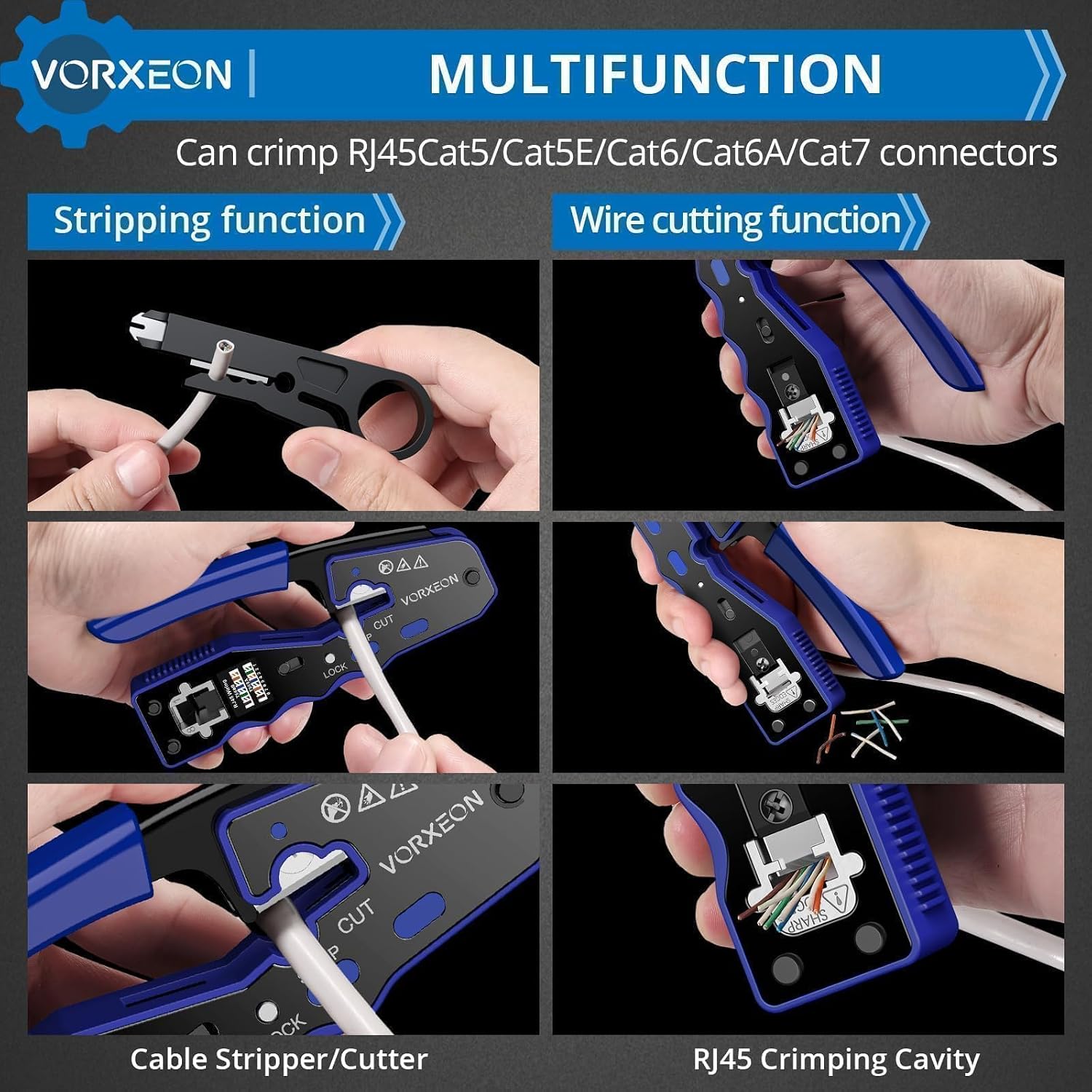 Detalle de VORXEON para cat6 RJ45-krimptangset met 50 Cat6-doorvoerconnectoren