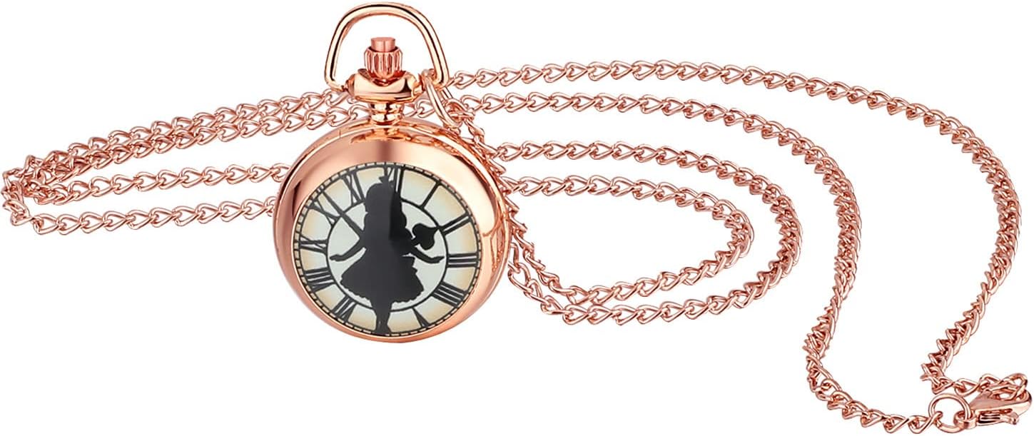 Detalle de JewelryWe Taschenuhr Damen Elegant – Rosegold mit Engelsmotiv, Lebensbaum, Schädel, Schmetterling oder Engel Mädchen – Analoge Quarz-Uhr mit Kette