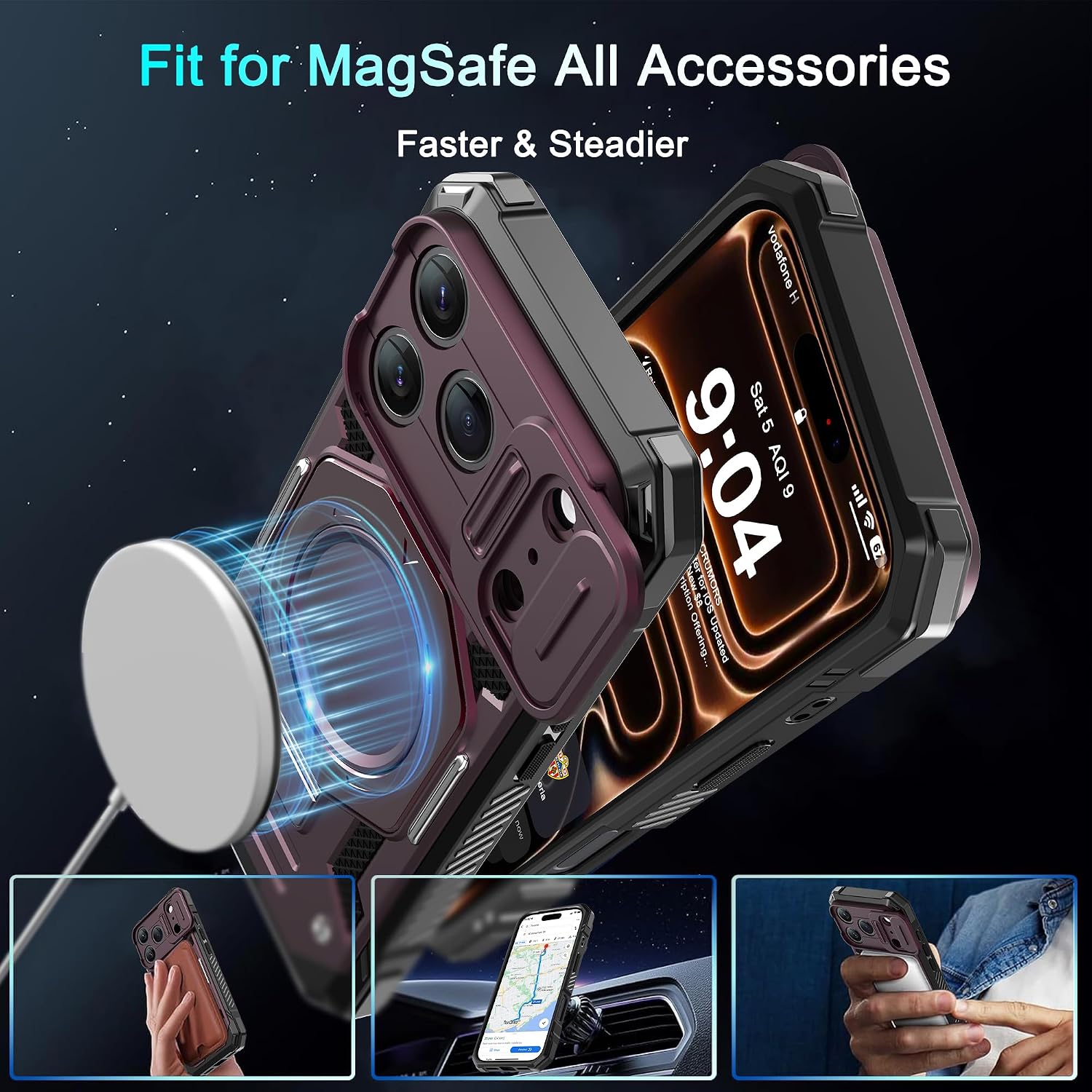 Detalle de DEERLAMN Magnetic Stand Case for iPhone 17 Pro Max, Burgundy, Camera Cover