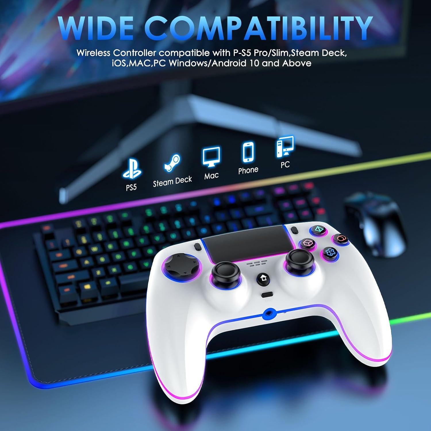 Detalle de JORREP Controller wireless per PS5/Pro/Steam Deck/PC/Mac/iOS con illuminazione RGB e doppia vibrazione