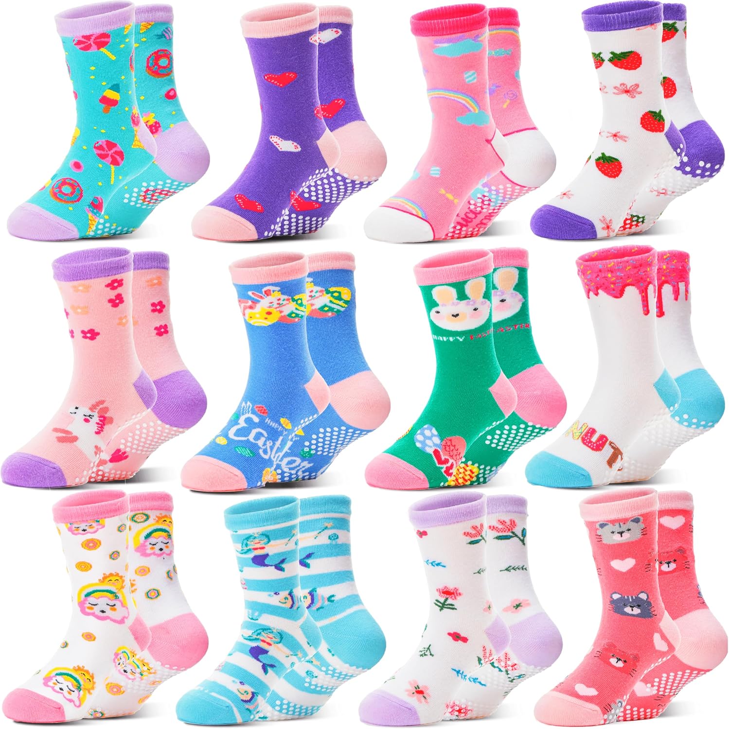 Detalle de Welwoos 12-Pair Baby and Toddler Grip Socks, Cotton Crew with Animal Prints