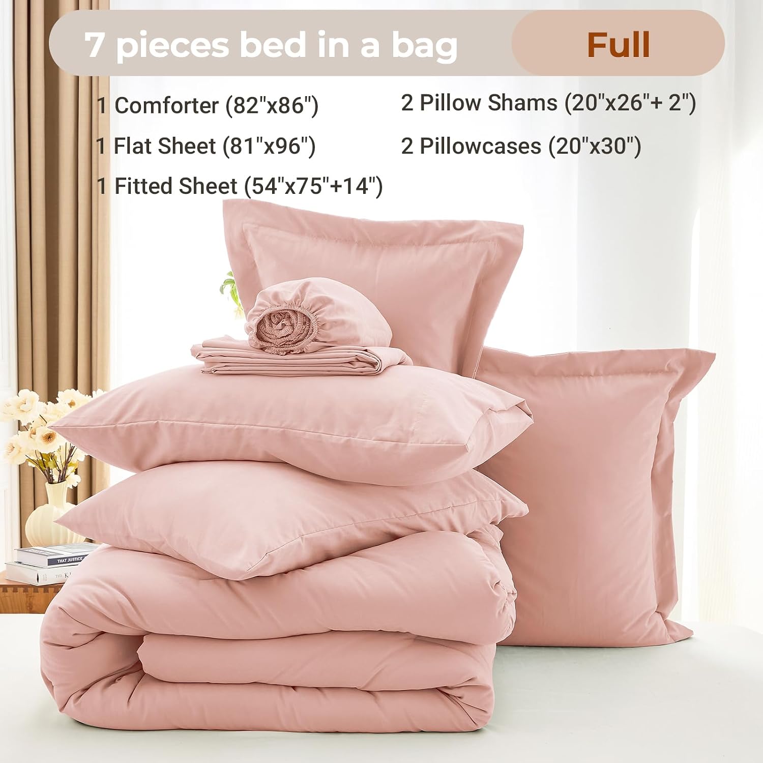 Detalle de MUXHOMO 7-Piece Full Comforter Set (Bed in a Bag) in Rose Gold