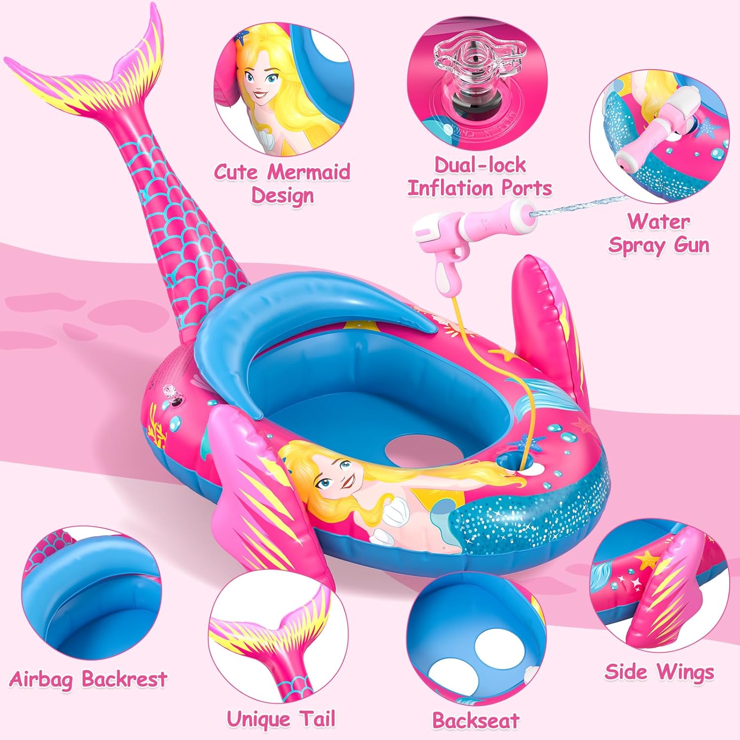 Thumbnail 3 de ASDGZD Mermaid Kids Pool Float with Water Gun — 44 x 29 inches inflatable