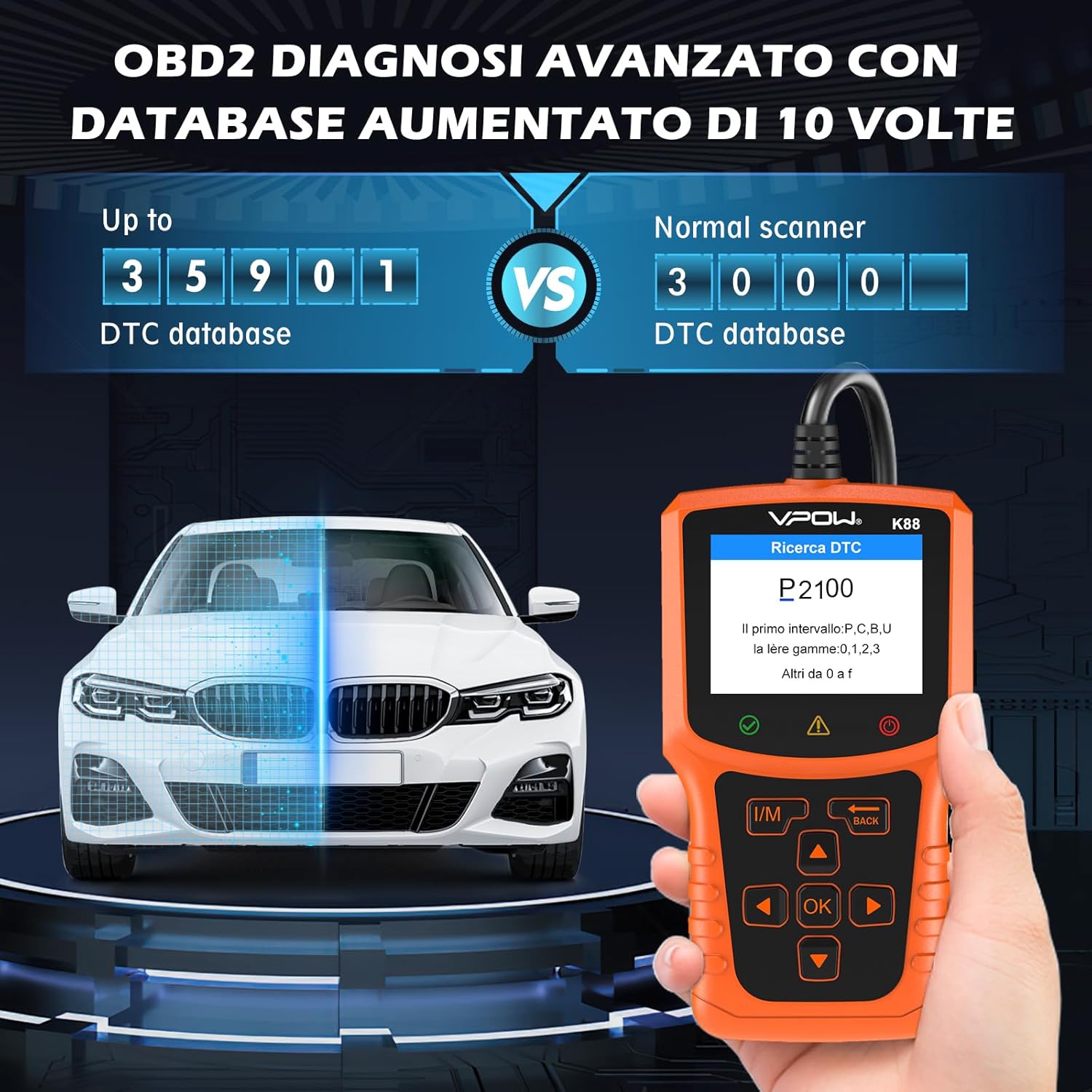 Detalle de Scanner OBD2 VPOW con DTC estesi, test batteria e funzioni diagnostiche (OBDII/EOBD) per BMW, Mercedes e molte auto