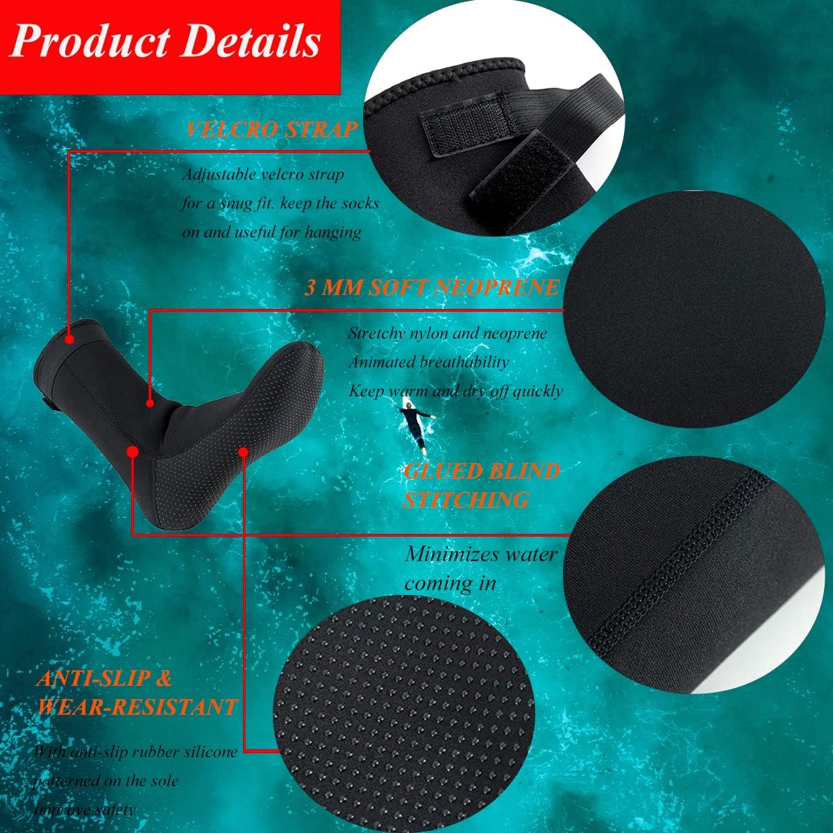 Detalle de YDQUANI 3mm neoprene wetsuit socks with anti-slip grip (thermal diving & snorkelling socks)