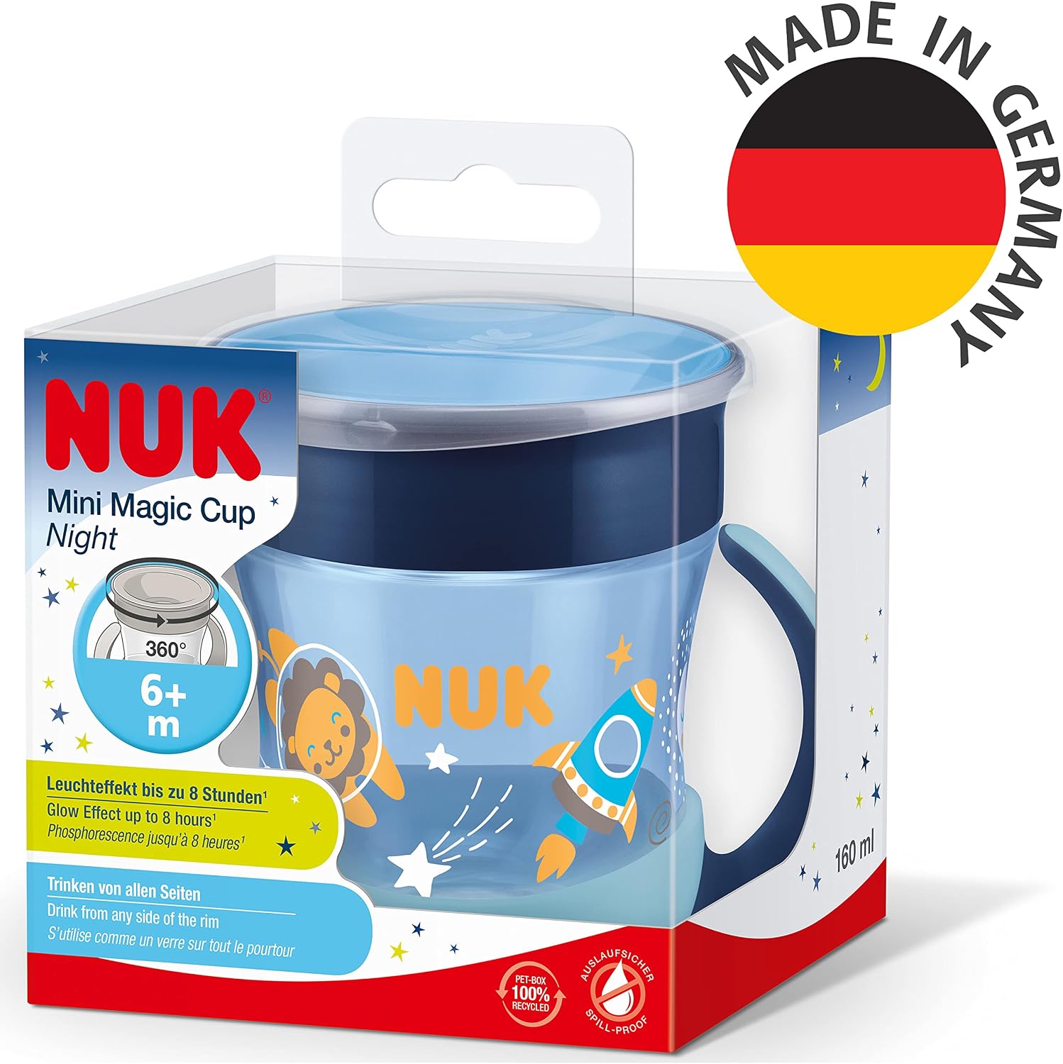 Detalle de NUK Mini Magic Cup Night: taza para sorber 360° con brillo y tapa limpia (160 ml, +6 meses, azul)
