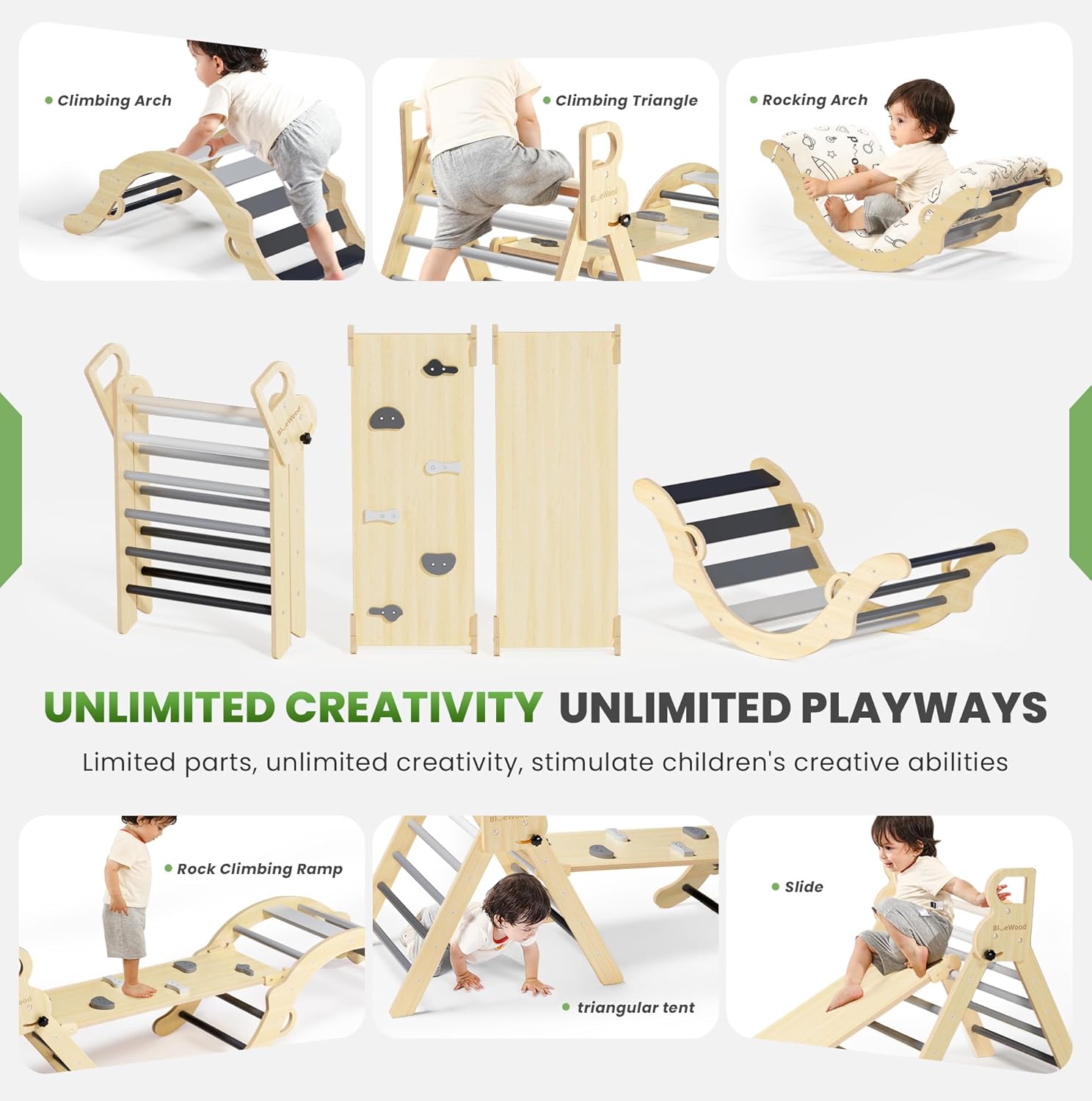 Thumbnail 2 de BlueWood Pikler Triangle Set with Cushion — 8-in-1 Montessori-Inspired Climbing Toy