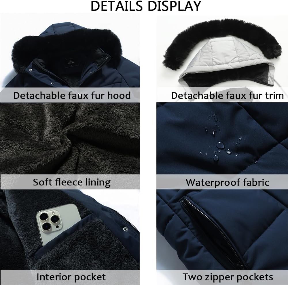 Detalle de MOERDENG Women's Long Winter Puffer Coat, Fleece Lined, Waterproof