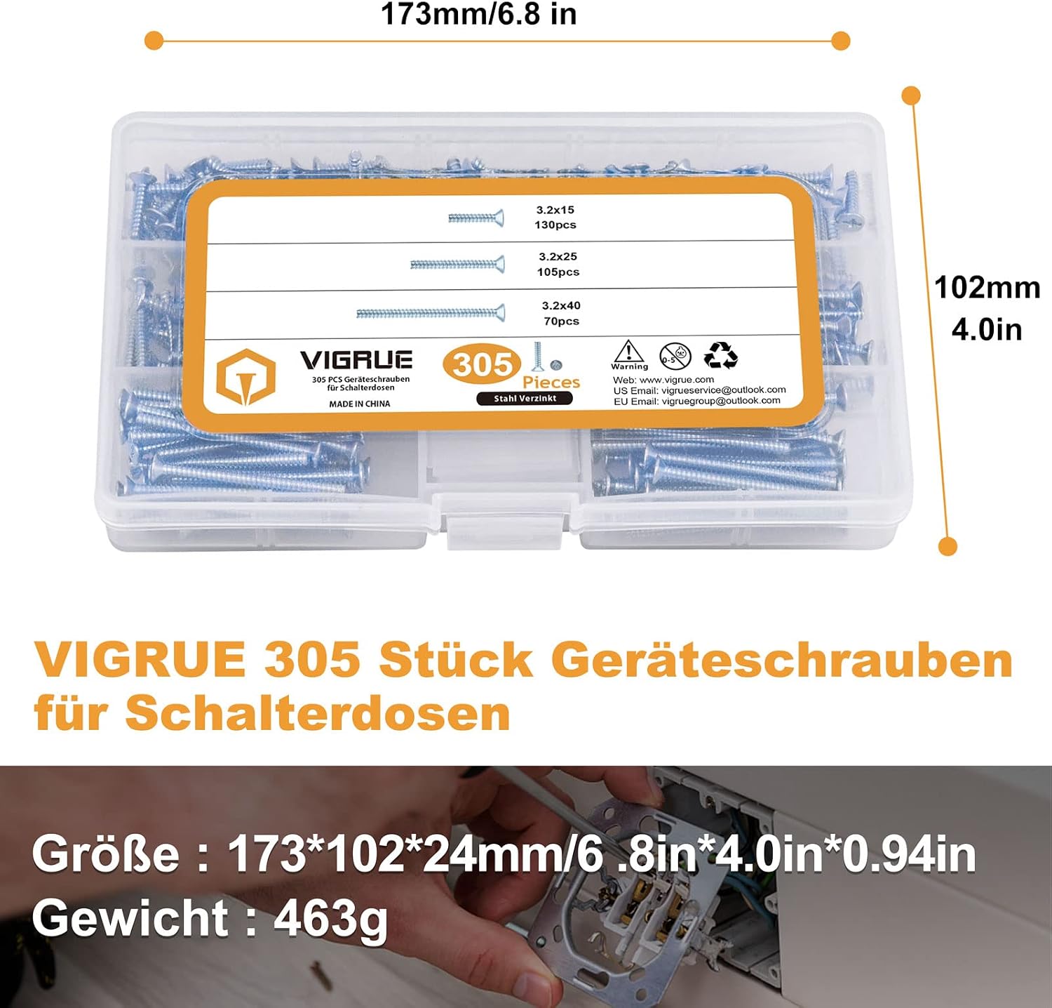 Thumbnail 6 de VIGRUE 305 Stück Geräteschrauben für Schalterdosen – 3,2 x 15/25/40 mm, verzinkte Stahl-Schrauben (PZ1/Schlitz)