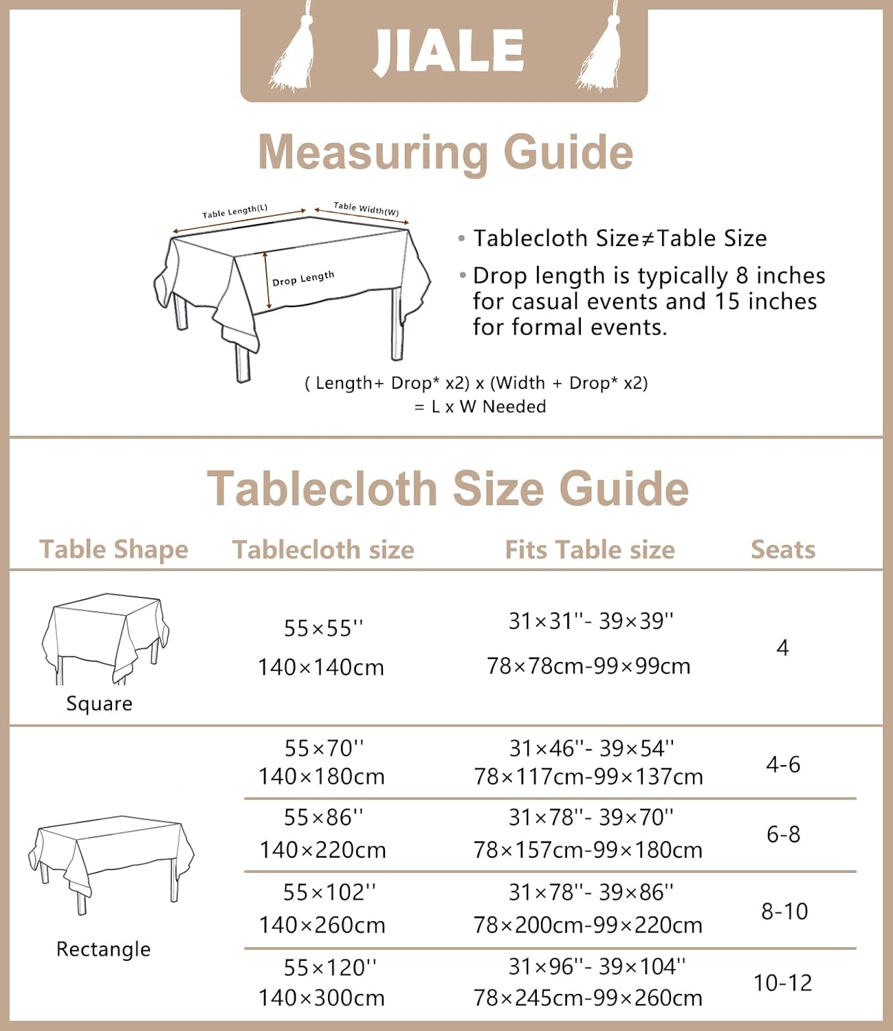 Detalle de JIALE Rectangle Tablecloths — Brown Cotton Linen, 55" x 86", Waterproof & Wrinkle-Free with Tassels