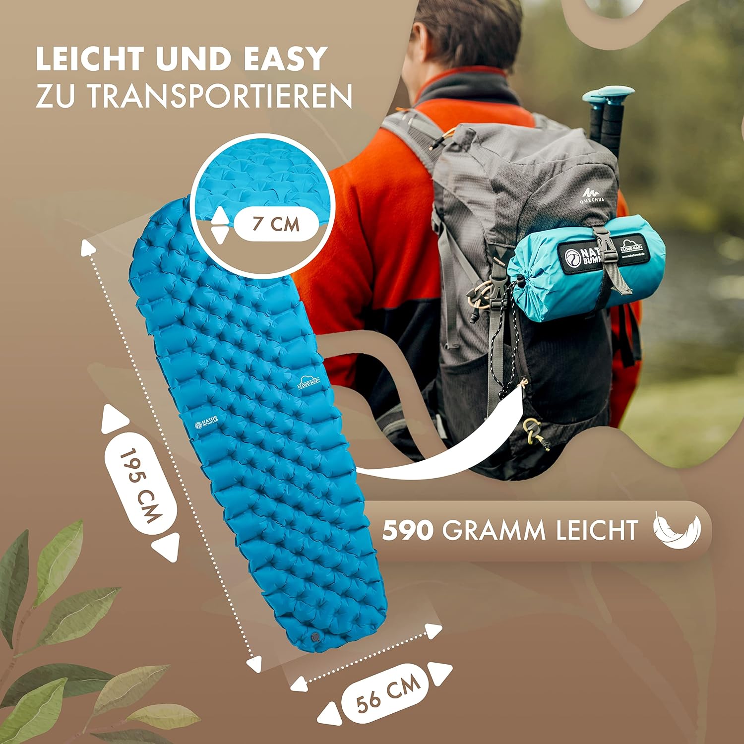 Detalle 2 de NATURBUMMLER® Isomatte Ultraleicht 590 g für Camping & Trekking (195 x 56 cm) – aufblasbar, faltbar und wetterfest
