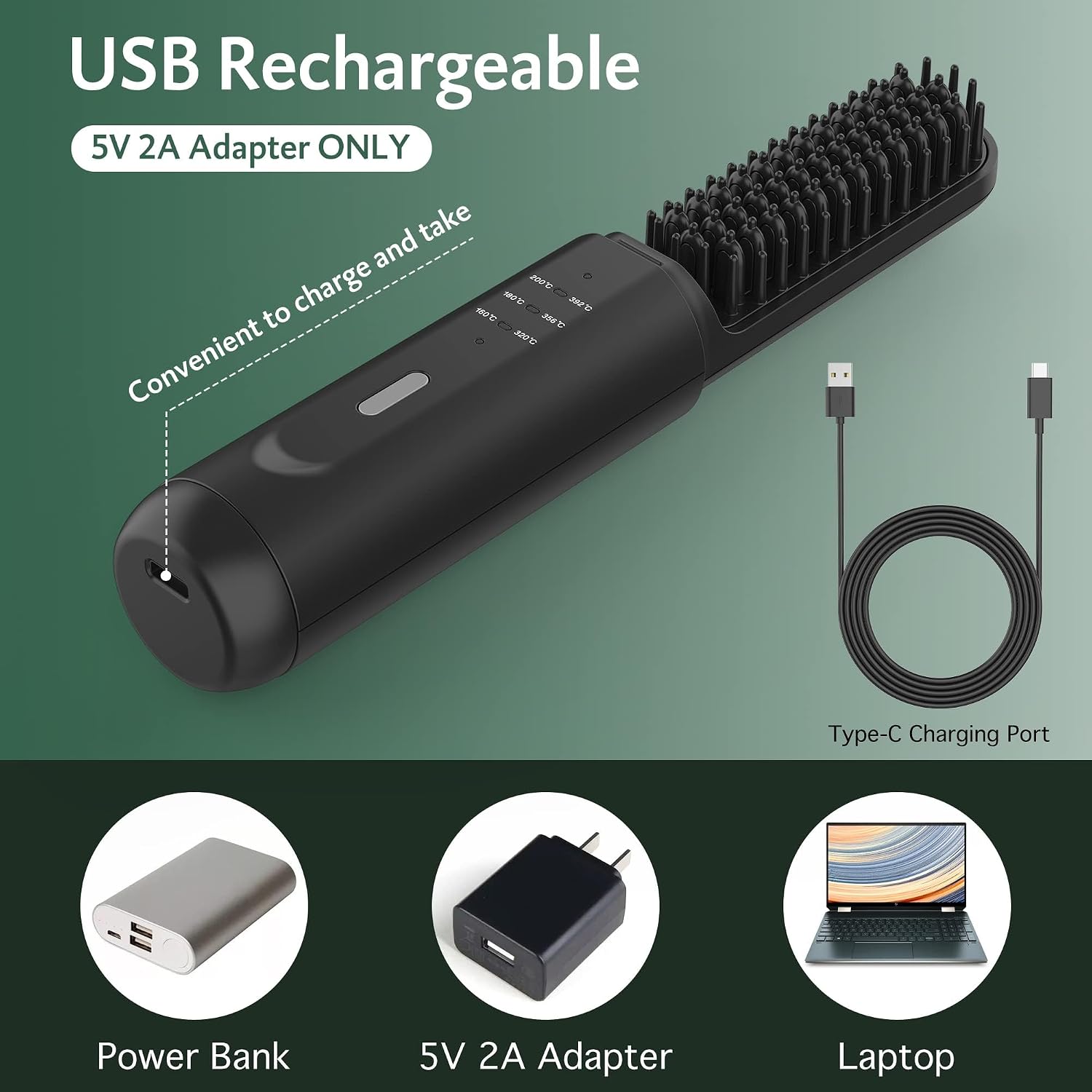 Detalle 2 de REHOYO KR017 Cordless Beard Straightener Brush, USB-C, 3 Heat Settings