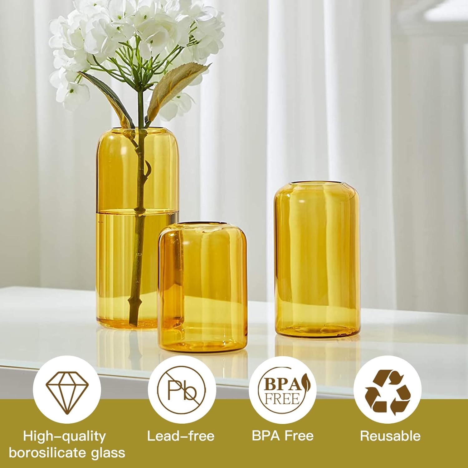 Thumbnail 4 de ZENS Glass Vase Set of 3 – Amber Bud Vases for Table Centrepieces
