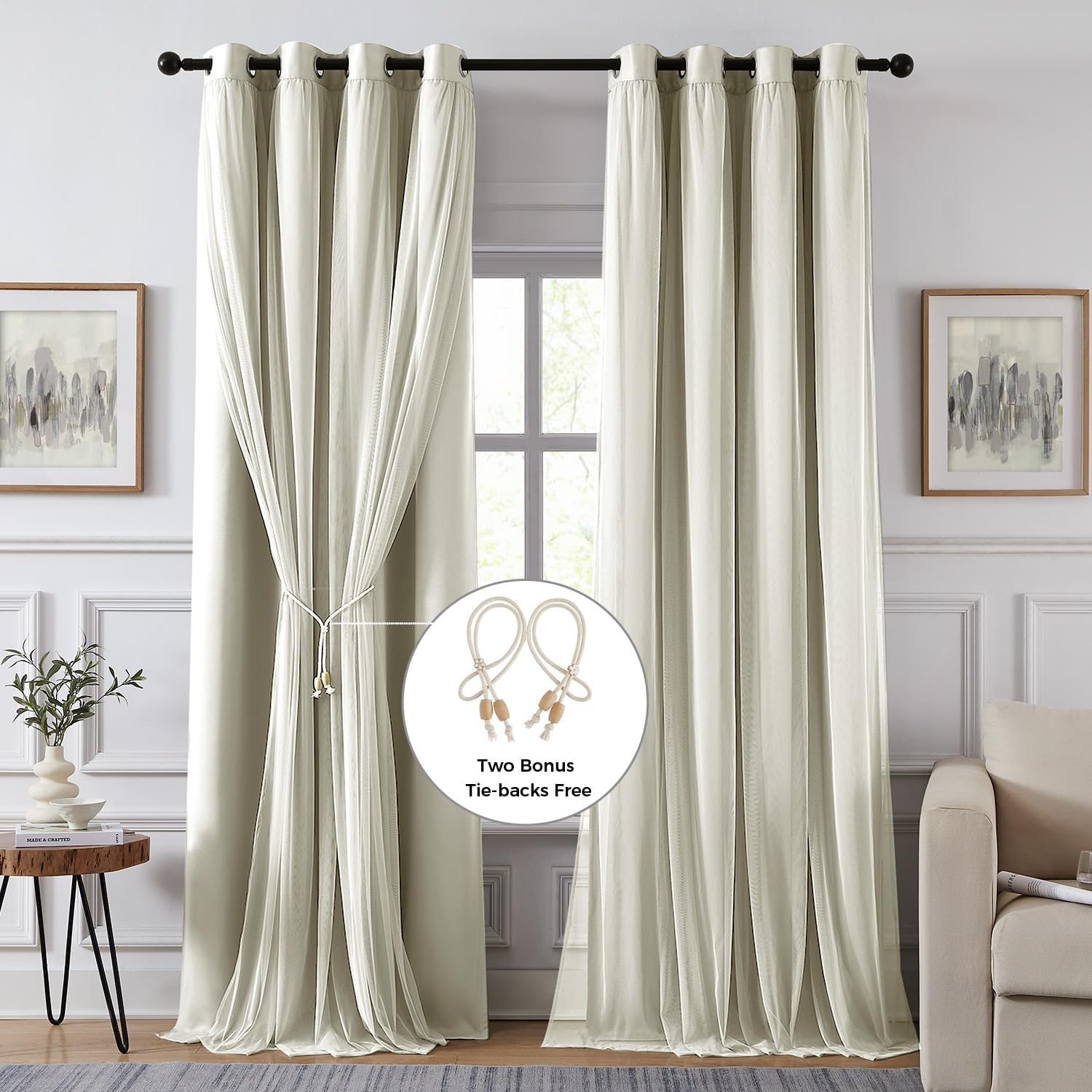 Detalle 2 de Swandream Ivory 100% Blackout Curtains, Double Layer, 52" x 84", 2 Panels