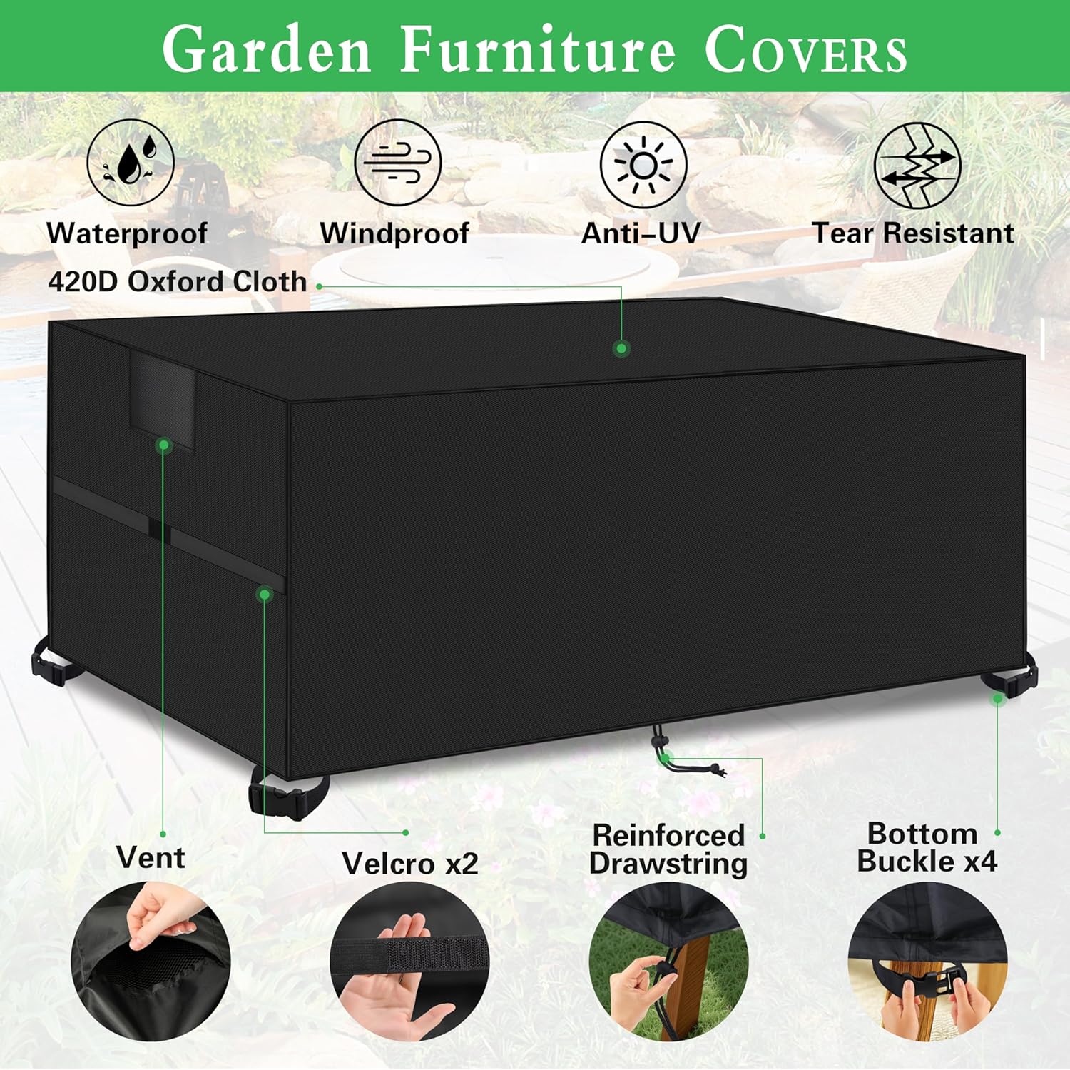 Thumbnail 4 de Outdoor Garden Furniture Cover (242 x 182 x 100cm) – Waterproof 420D Oxford with Air Vent and Storage Bag