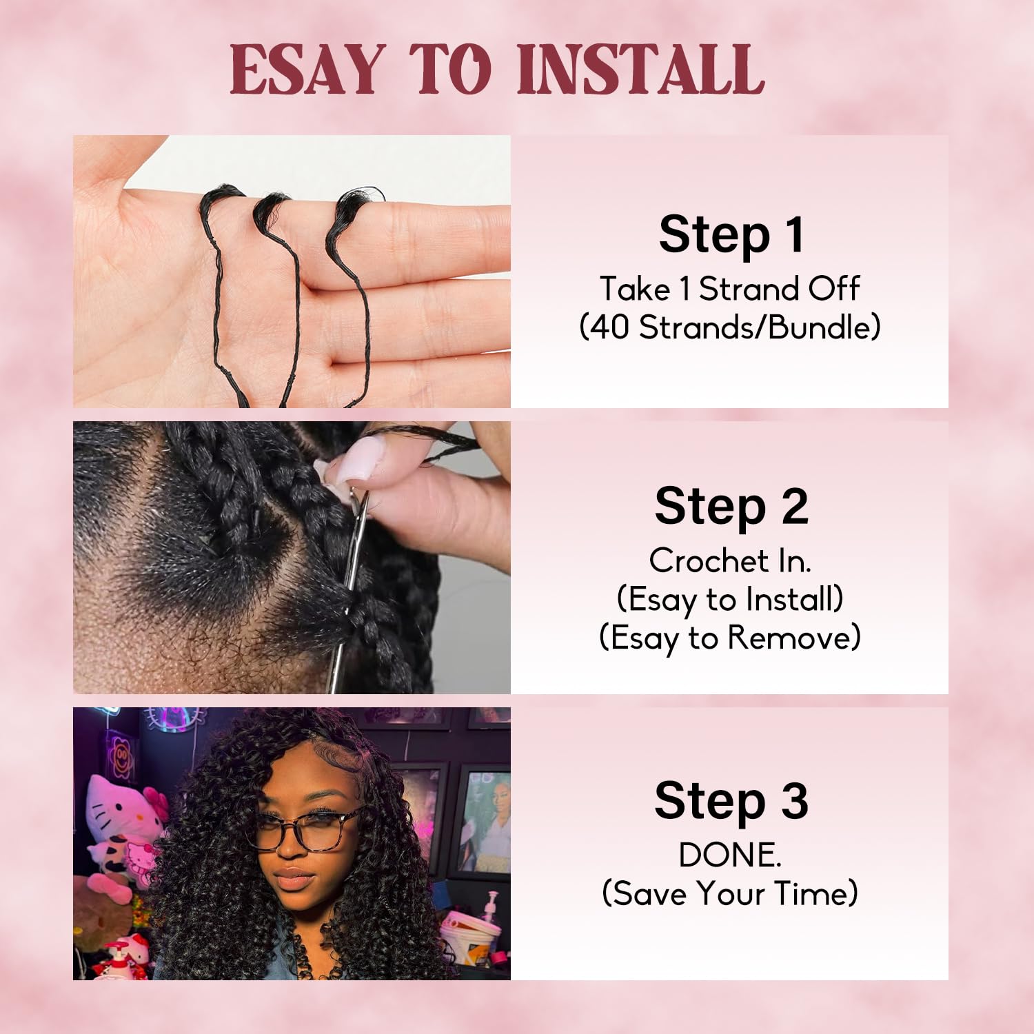 Thumbnail 3 de Burmese Curly Crochet Hair 16 Inch – 100 Strands, 3C/4A Texture, Knotless Pre-Separated Feather Crochet for Reusable, Natural Black Look