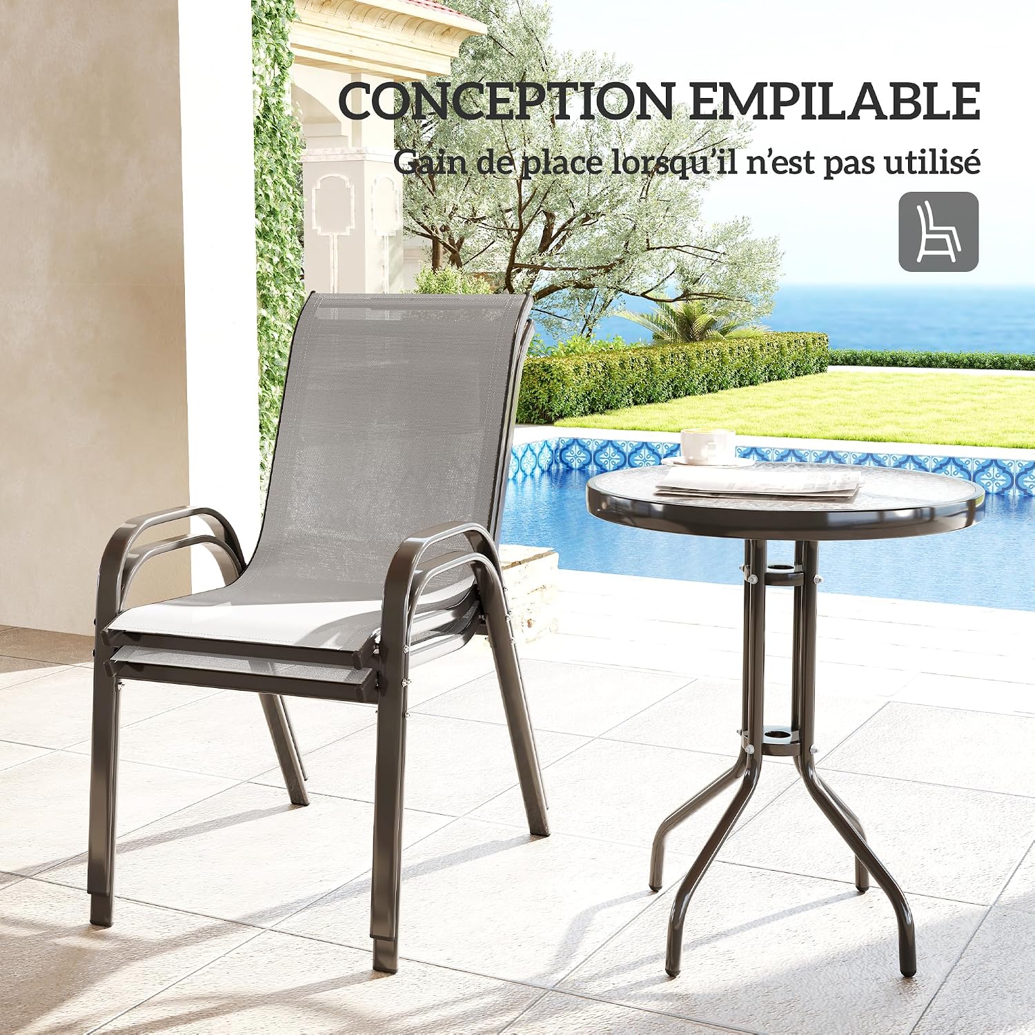 Thumbnail 3 de Ensemble Outsunny 3 pièces pour salon extérieur : 2 fauteuils empilables + table basse en verre trempé (gris clair)