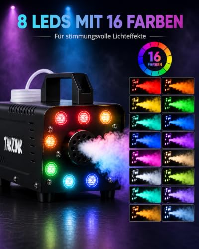 Detalle de TAKRINK Nebelmaschine 900W mit RGB LED – Rauchmaschine mit Fernbedienung, 16 Farben