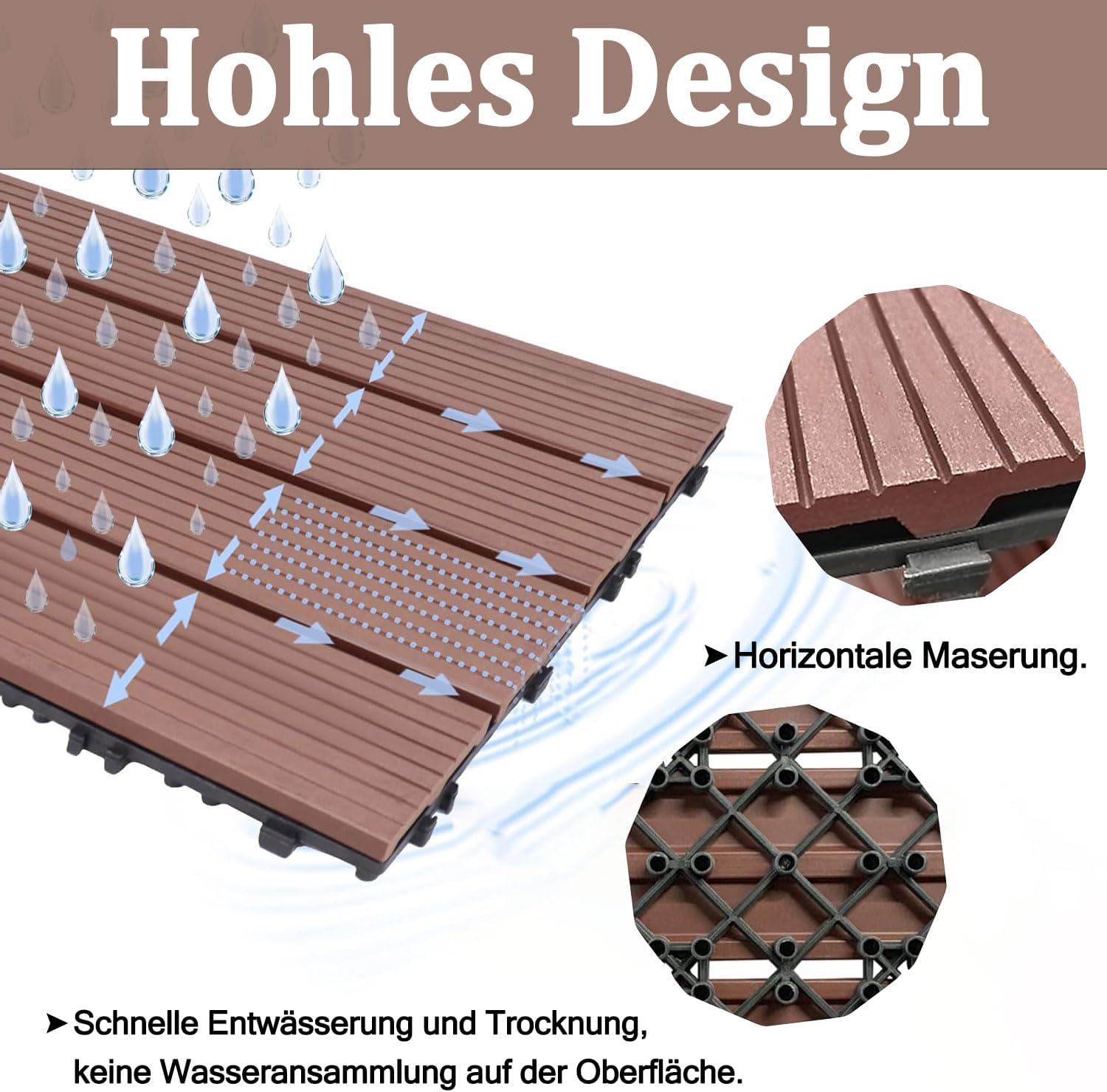 Detalle 2 de Aufun Terrassenfliesen aus WPC mit Klicksystem (22 Stück) 30 x 30 cm – Holzoptik, braun (Type A)