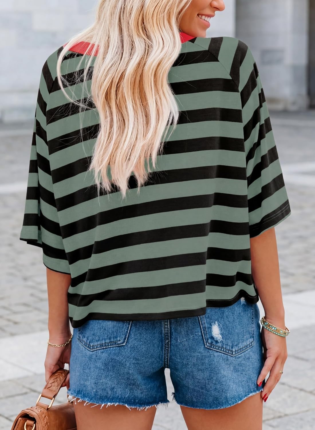 Detalle de Chicrise Damen Oversize Ringelshirt – Sommer Kurzarm Top im Streifenlook