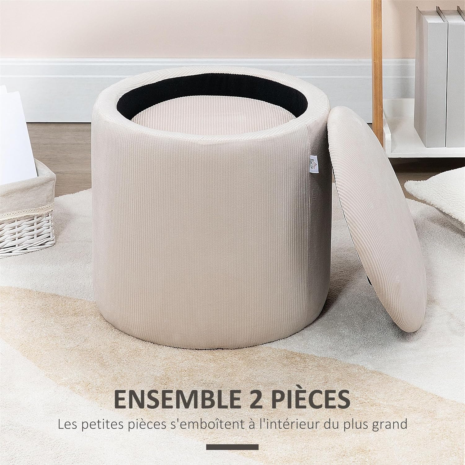 Thumbnail 3 de HOMCOM Lot de 2 poufs tabourets avec coffre de rangement en tissu effet velours côtelé (crème)