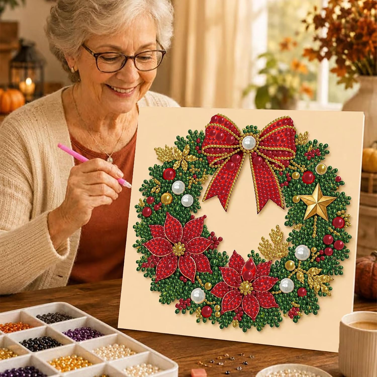 Thumbnail 6 de Meothan Christmas Pearl Diamond Art Kit, Framed 10 x 10-Inch Wreath