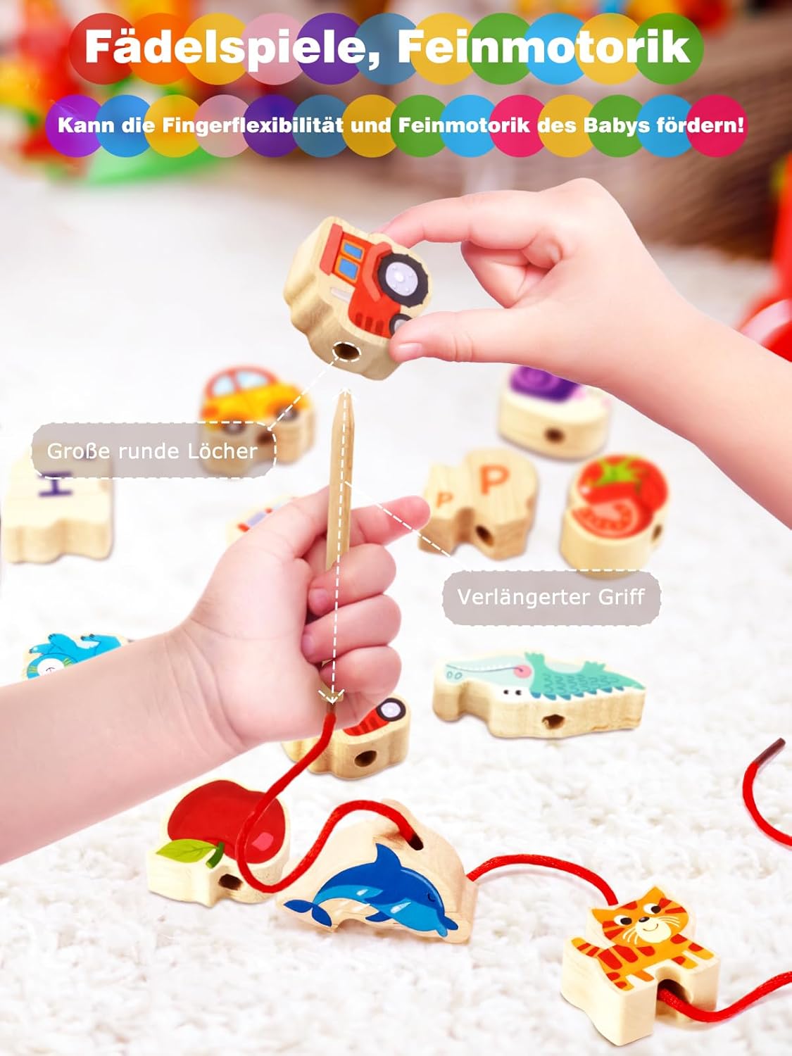 Detalle de DealKits Fädelspiel ab 2 Jahren – Montessori Lernspielzeug aus Holz, 42 Perlen inkl. 4 Themenwelten