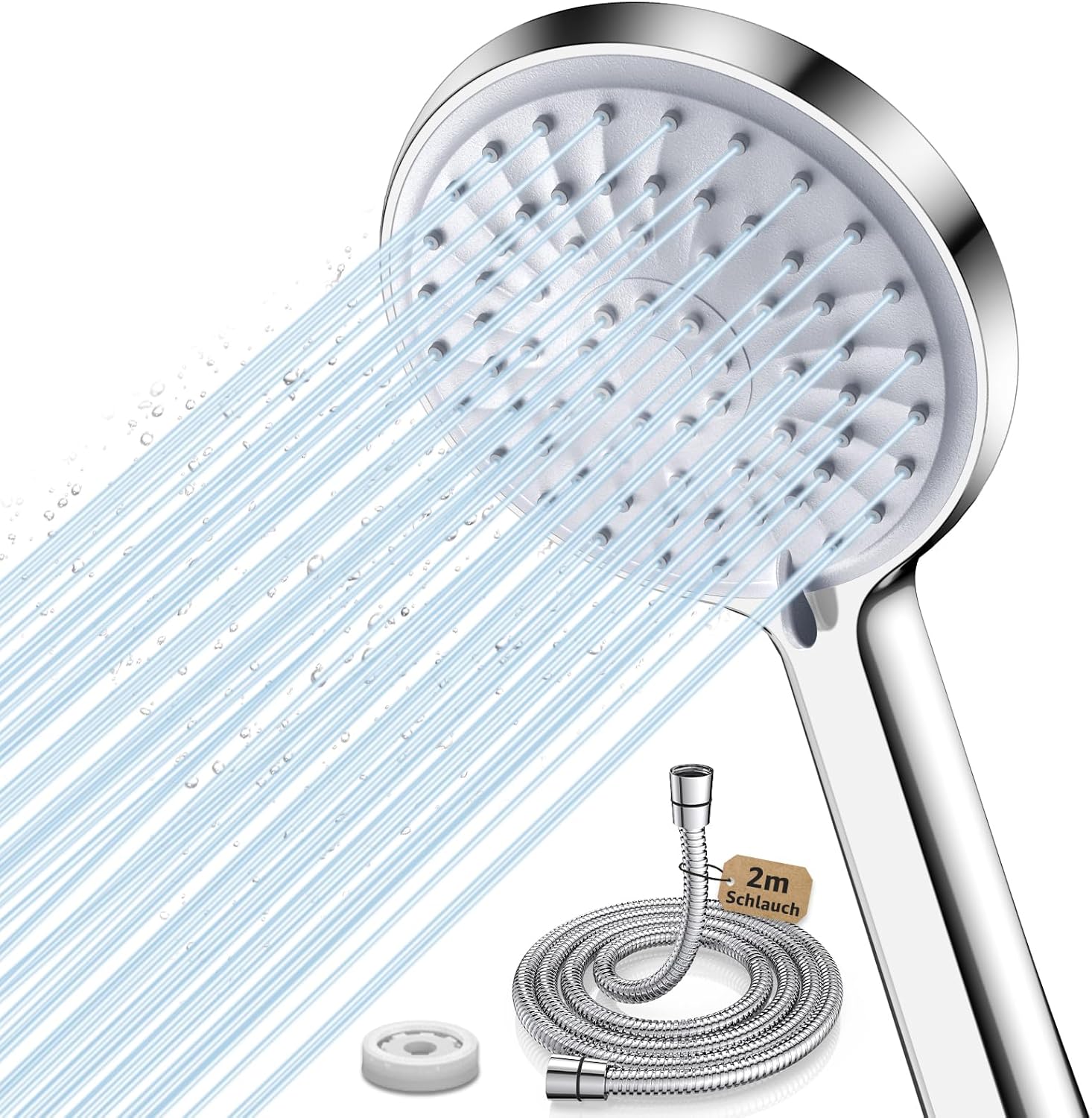 Thumbnail 6 de FASDUNT Chrom Duschkopf mit 2 m Premium Flexibler Schlauch – 9,5 l/min Wassersparer, Turbo-Technologie und verchromter ABS-Head