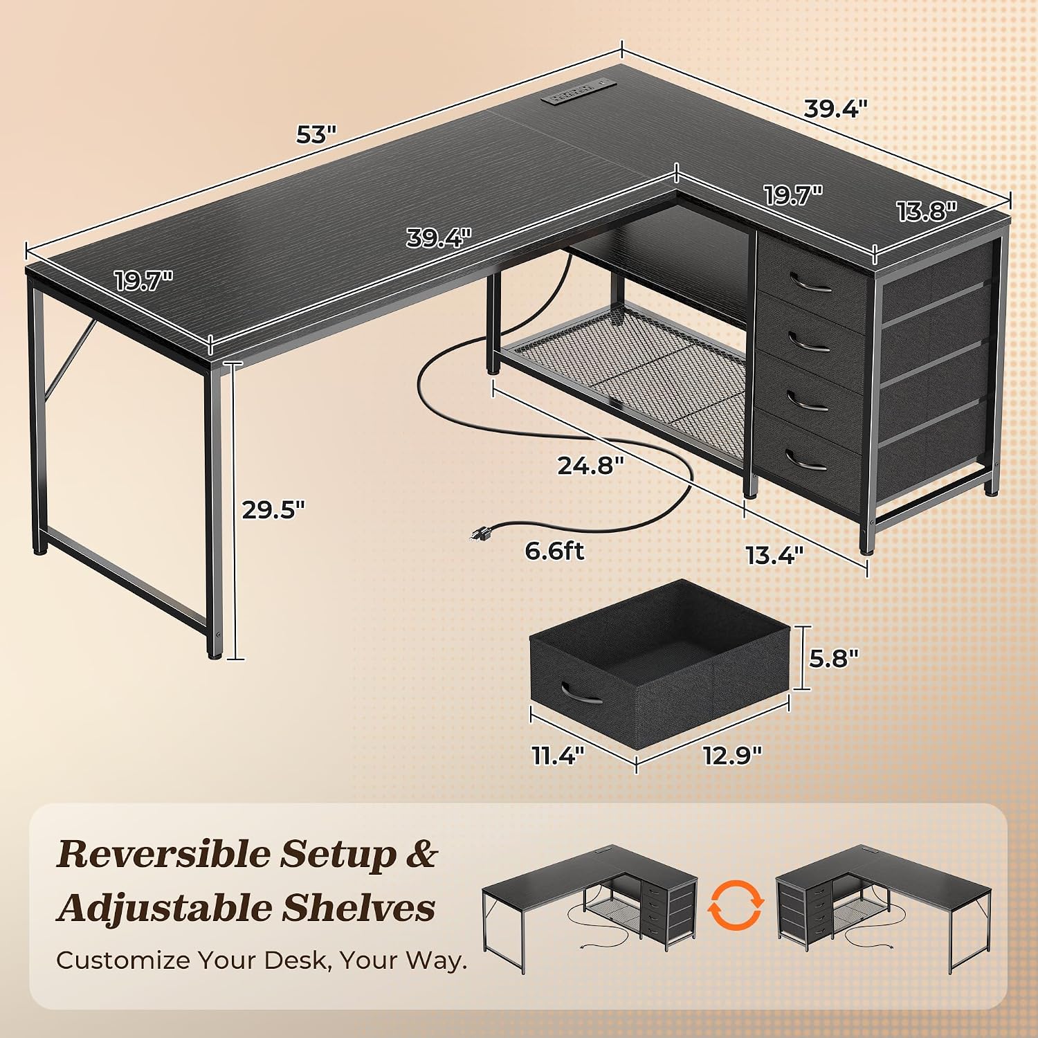 Thumbnail 1 de PRAISUN 53-Inch L-Shaped Desk with Power Outlets, 4 Drawers & Reversible Layout