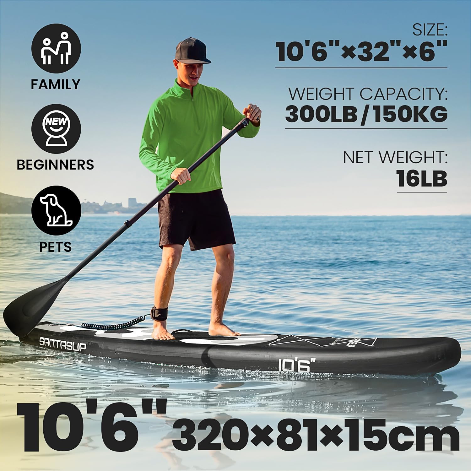 Detalle de Santasup Aufblasbares Stand Up Paddle Board – Komplettset 11′ × 32″ × 6″ (330 lb) mit Paddel, Pumpe, Rucksack, Leine und wasserdichter Tasche