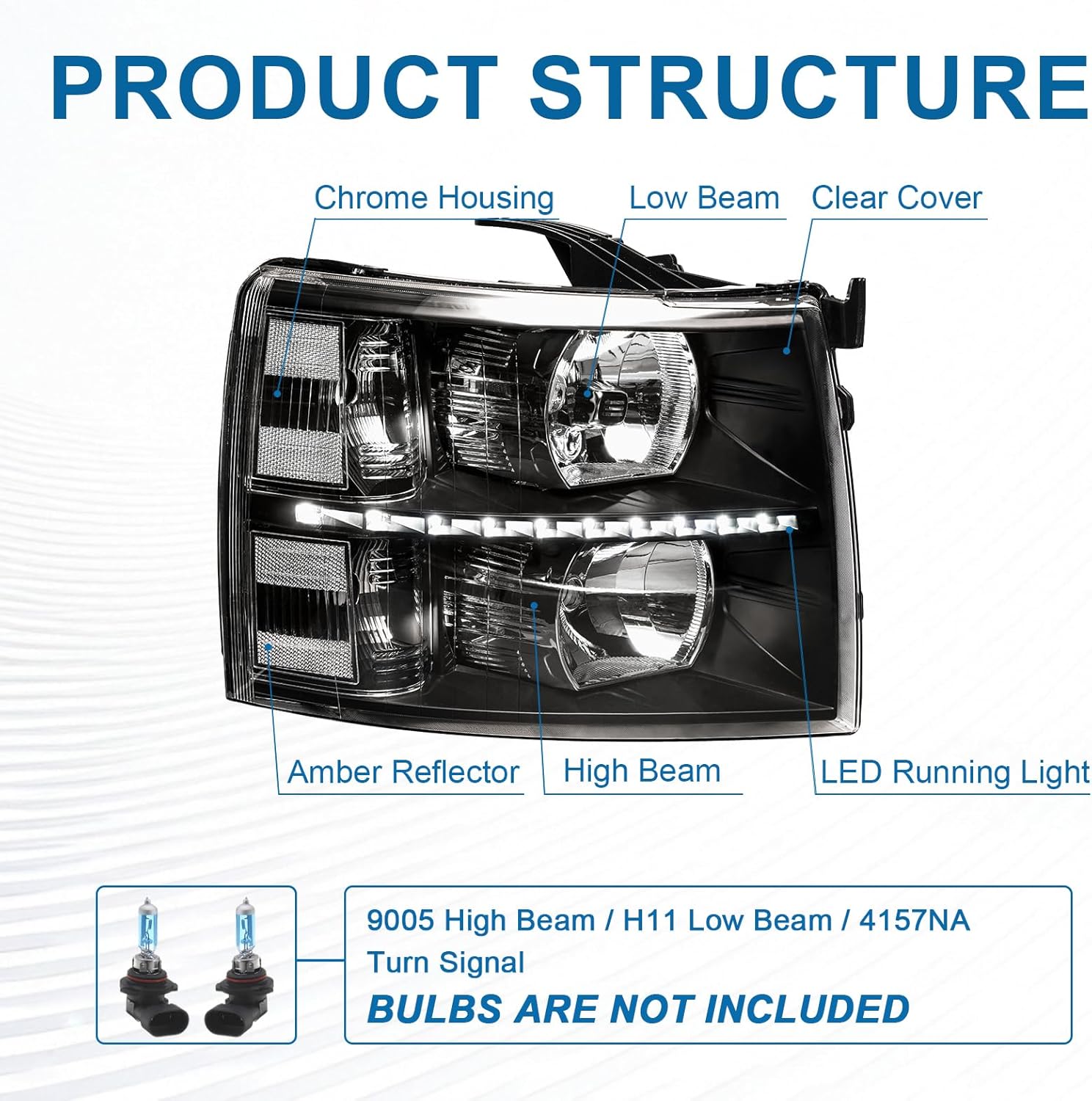 Thumbnail 3 de Fullux LED DRL Headlights Assembly for 2007–2013 Chevy Silverado 1500 (and 2007–2014 2500HD/3500HD) — Clear Reflector Black Housing