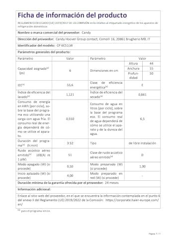 Thumbnail 8 de Candy CP 6E51LW lavavajillas compacto de 6 servicios, 5 ciclos y 51 dB