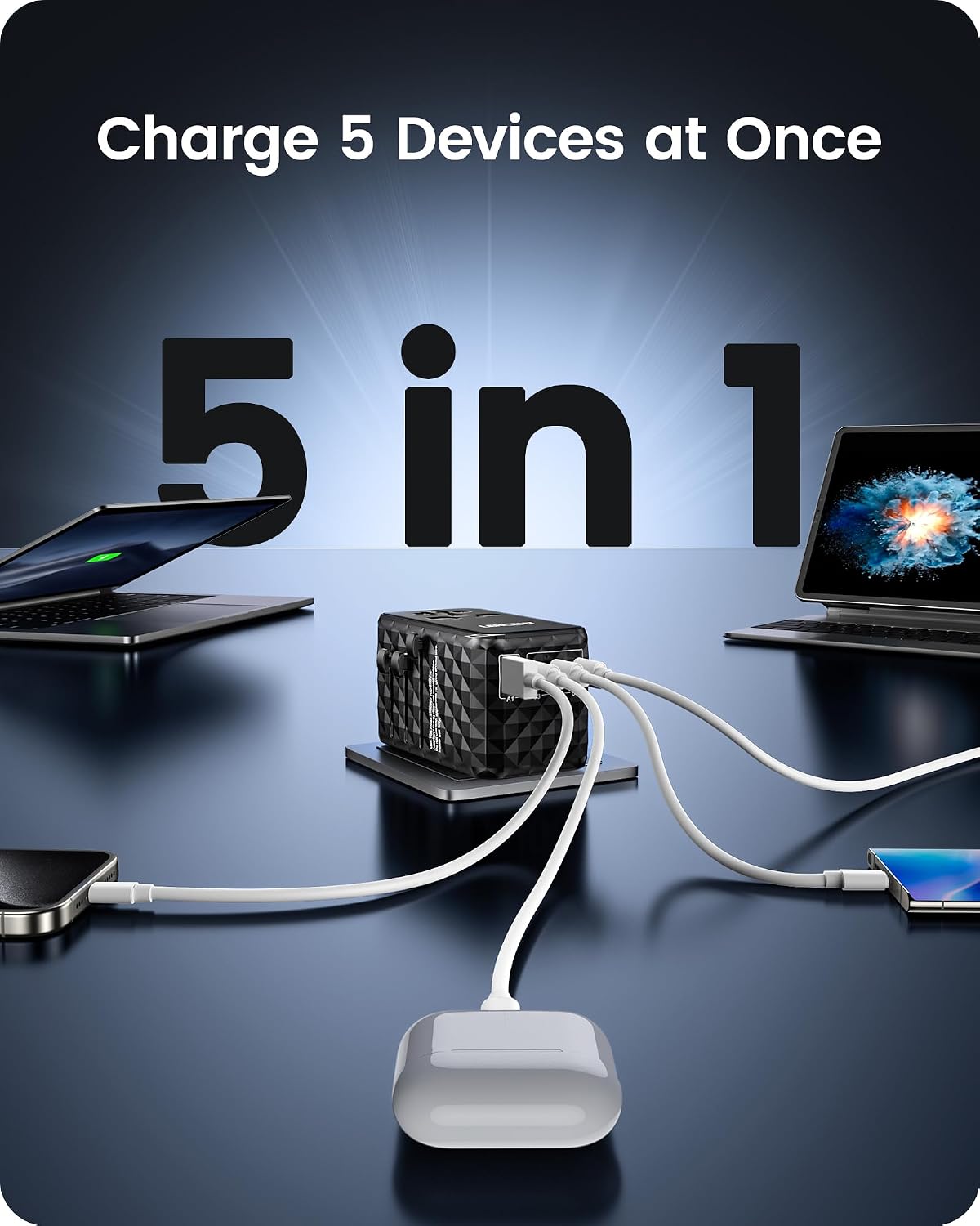 Detalle de LENCENT Adaptateur de Voyage International 120W — 4 prises interchangeables et 1 USB-A + 3 USB-C PD